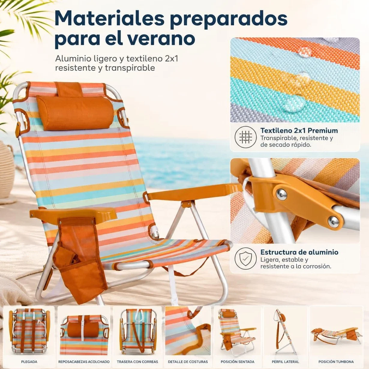 Silla de Playa Plegable Aluminio Reclinable Mochila 22cm Altura Asiento 25cm Reposacabezas Ocre Rayada