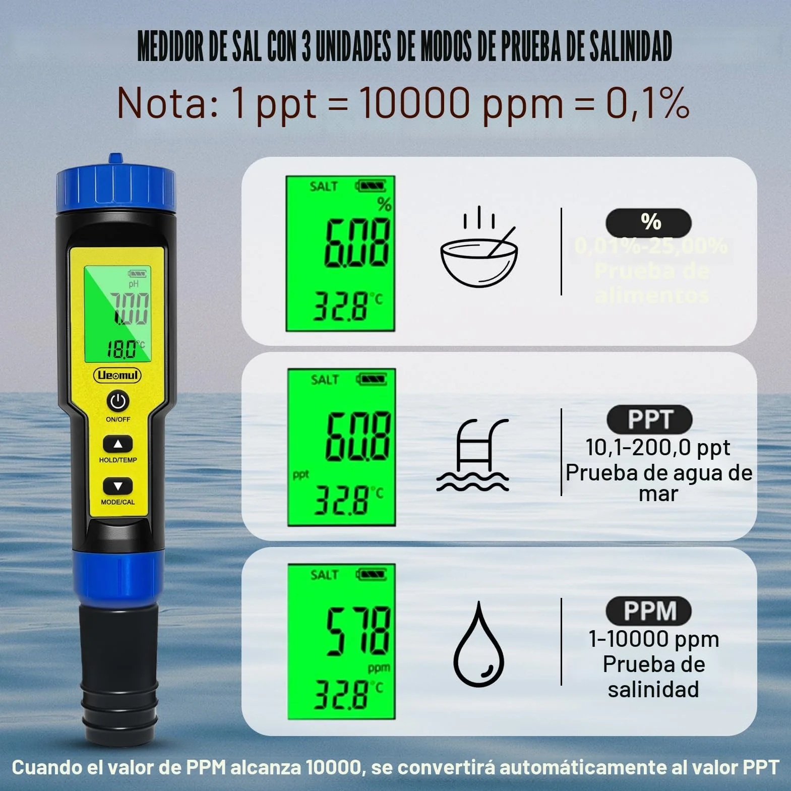 Medidor Cloro y pH Piscinas 7 EN 1, Tester pH Cloro (FAC） TDS EC SALT ORP y TEMP con ATC, Analizador Agua Impermeable IP67, profesional pH Meter para agua potable, hidroponía y spa