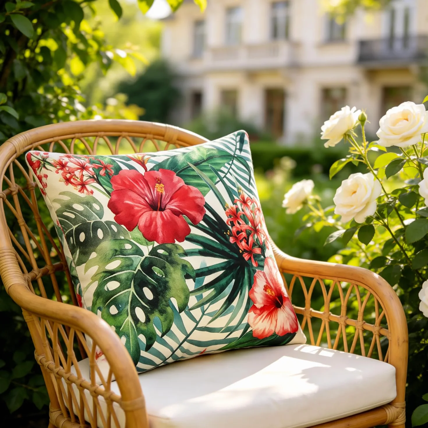 Funda Cojin Exterior Impermeable 45x45 CM Flor Colorida Hojas Monstera Lino Sofa Jardin 2 Piezas