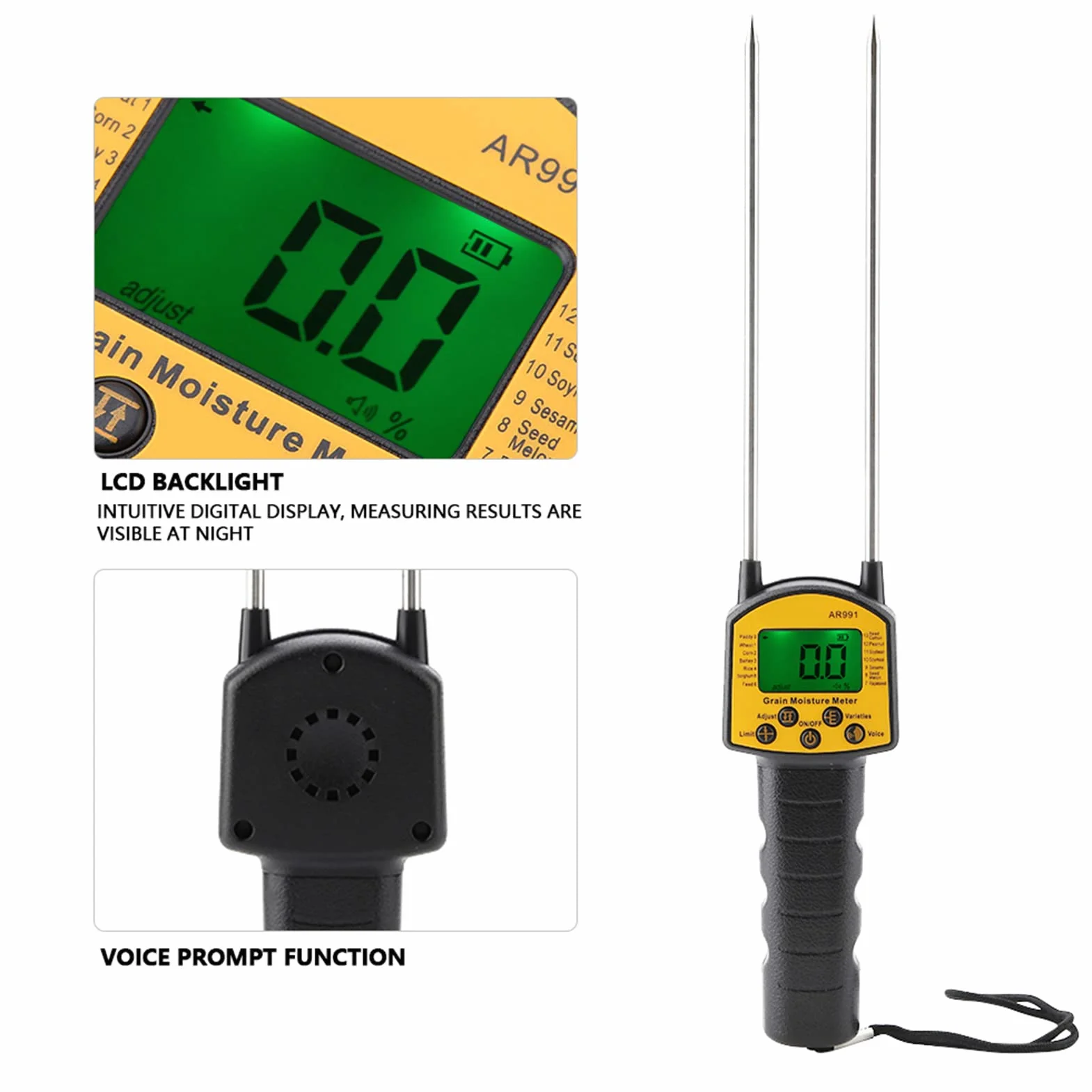 AR991 Medidor de humedad de grano digital portátil con sonda para trigo maíz arroz soja