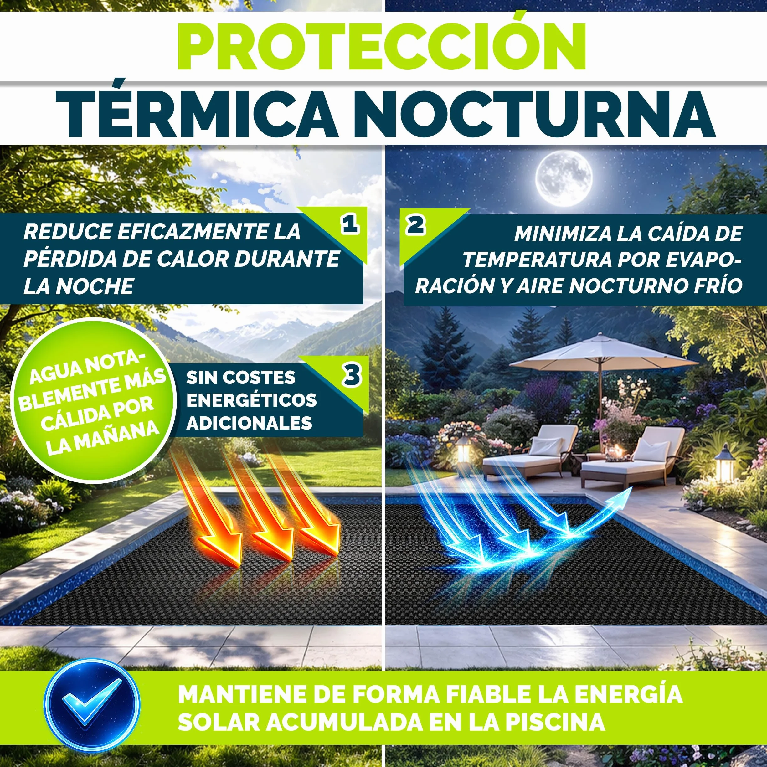 tillvex® Elite Lona Solar para Piscina 400 µm Rectangular 732 x 366 cm Cubierta Térmica Recortable ProHeat QB4