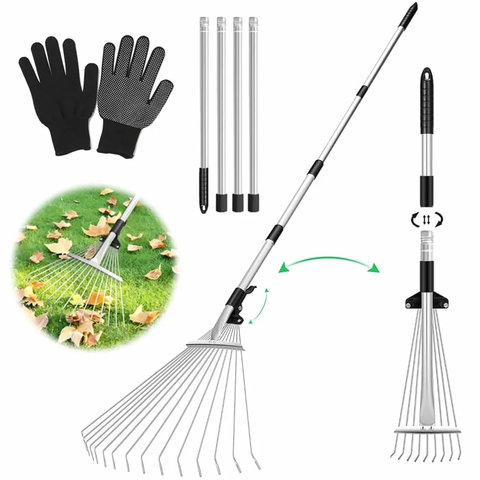 Rastrillo de Hojas Ajustable con Mango de 207 cm y Guantes para Jardín