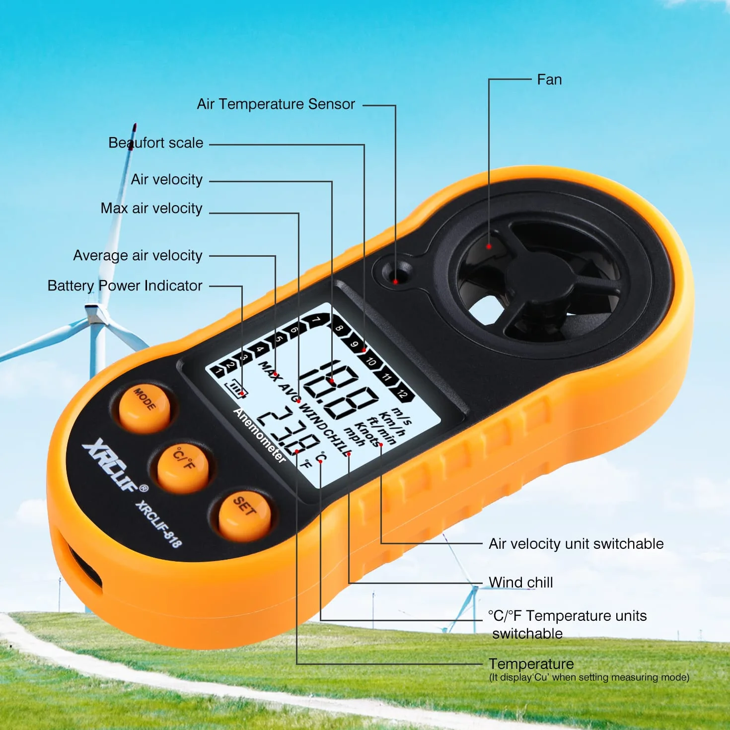 Anemómetro digital de mano, medidor de velocidad del viento, flujo de aire y temperatura