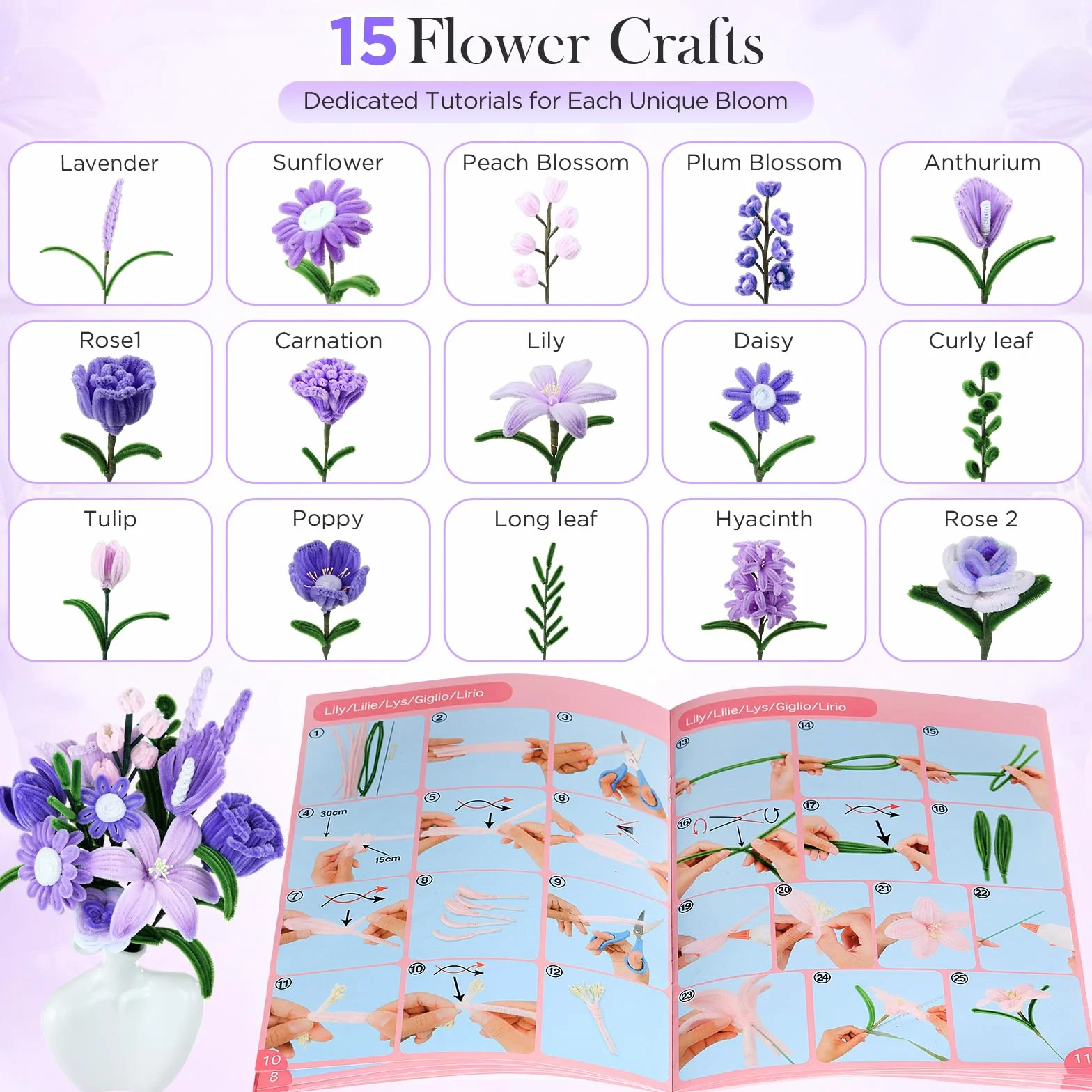 Funtopia Juego de 540 limpiadores de tuberías para manualidades kit de flores tallos de chenilla