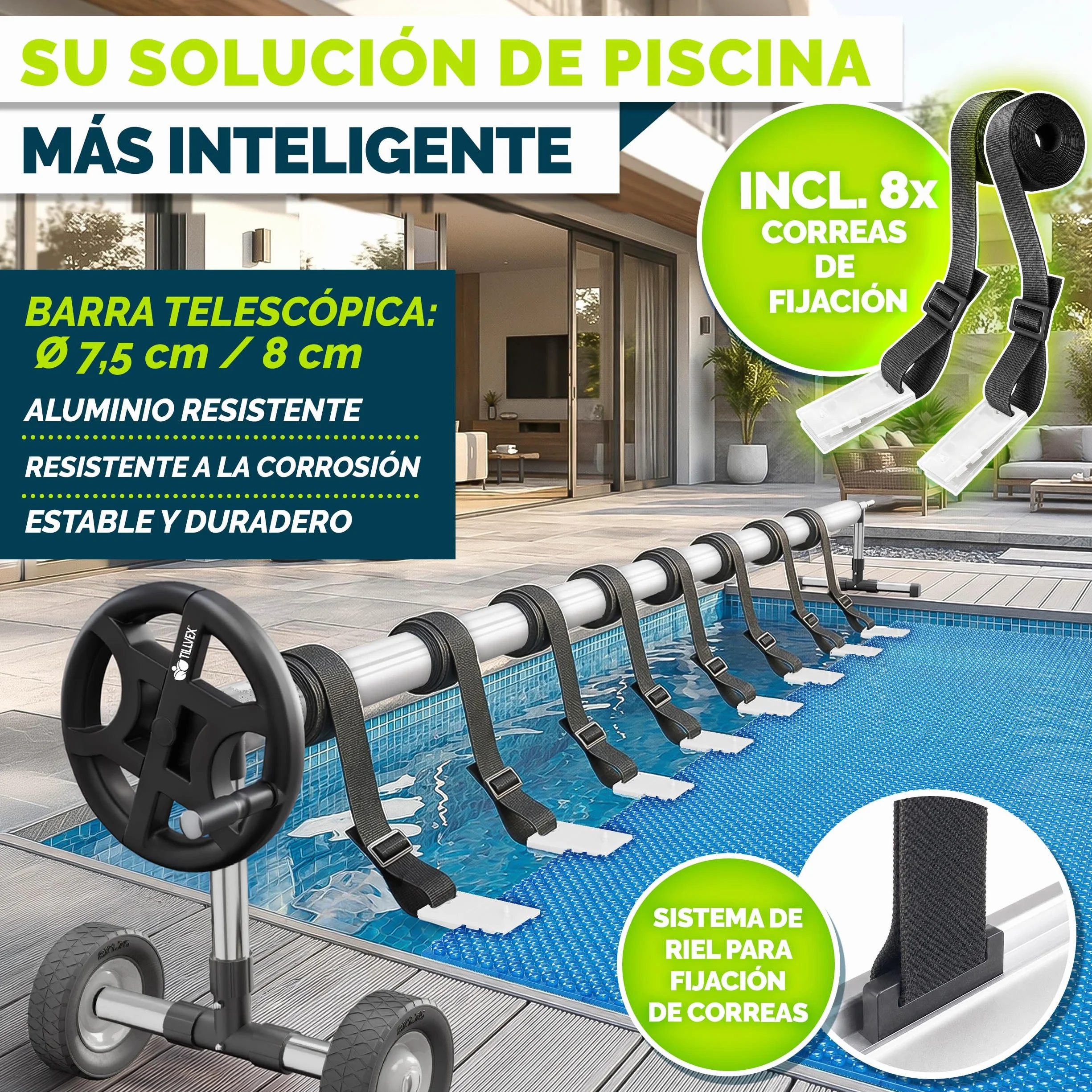 Tillvex Enrollador de Cubiertas para Piscinas 3-5,70 m con Neumáticos de Caucho Macizo y Termómetro