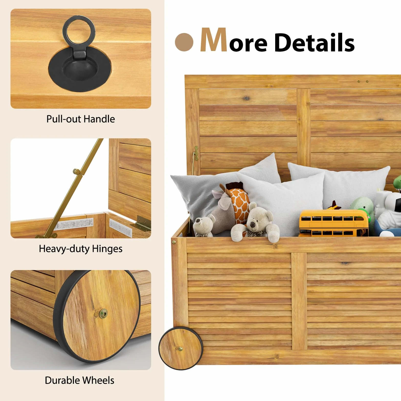 HOMASIS Baúl de jardín 182 l con ruedas madera de acacia impermeable 150 kg carga