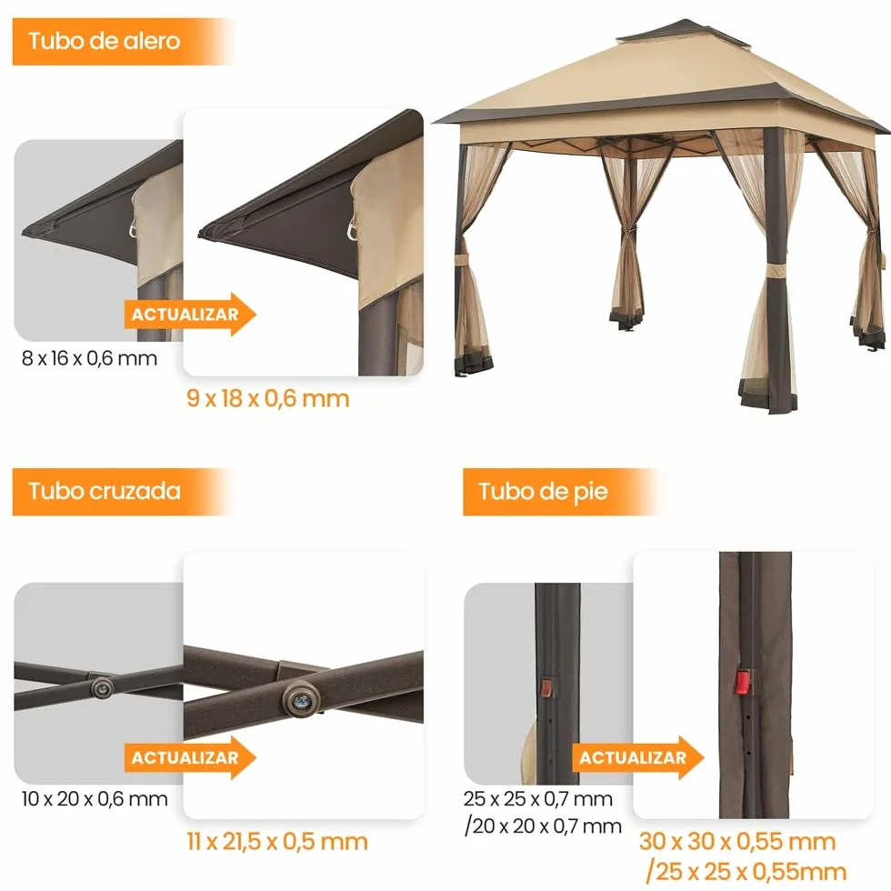 Yaheetech Carpa Plegable 3.3x3.3m Cenador Exteriores con 4 Mosquiteras con Cremallera,Altura Ajustable de 271-291cm,Resistente al Viento,Montaje Rápido,Ideal para Jardín y Patio,Color Caqui