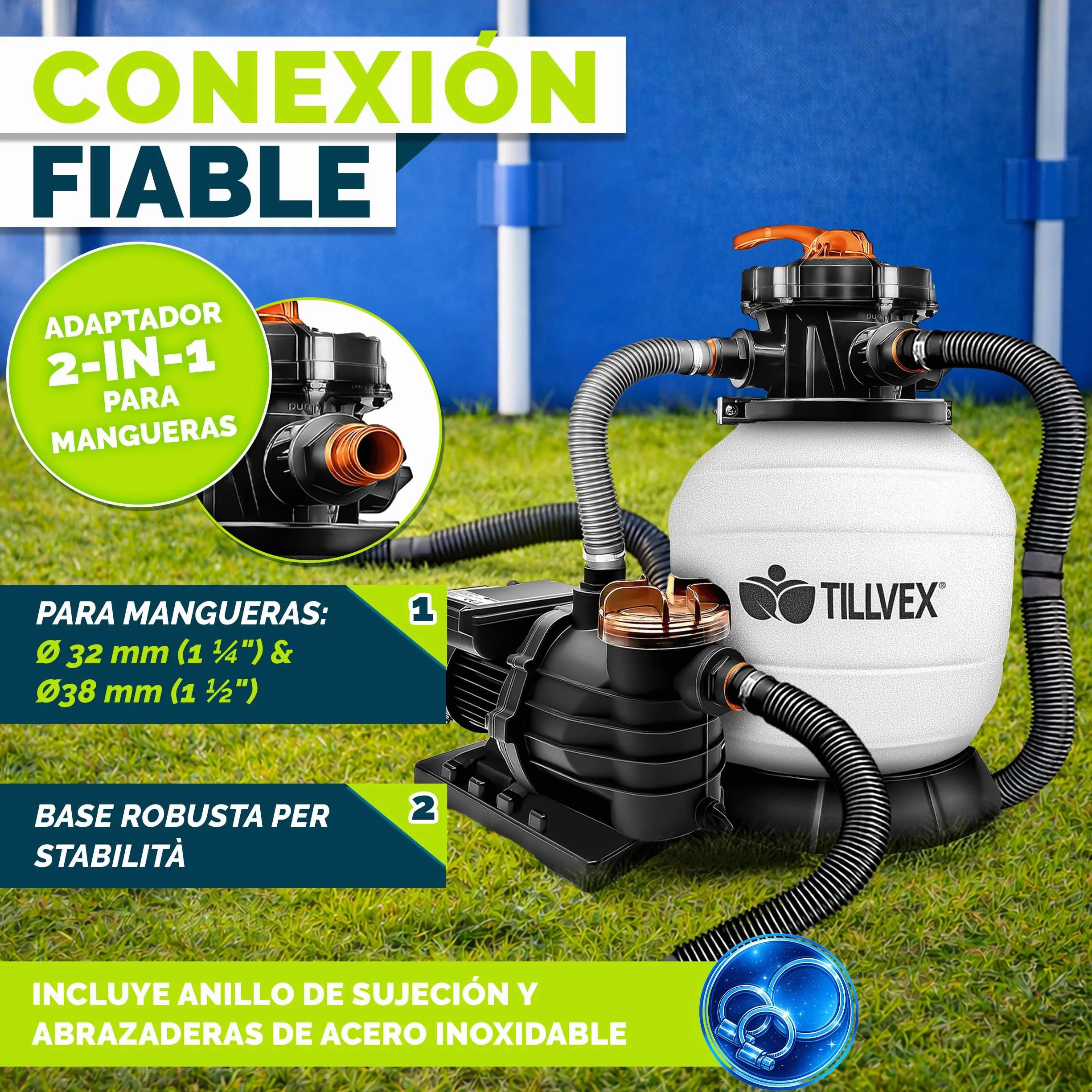 Tillvex Depuradora de Agua para Piscina 13.200L/h 40.000L Bomba de Filtro de Arena 7 Funciones Válvula