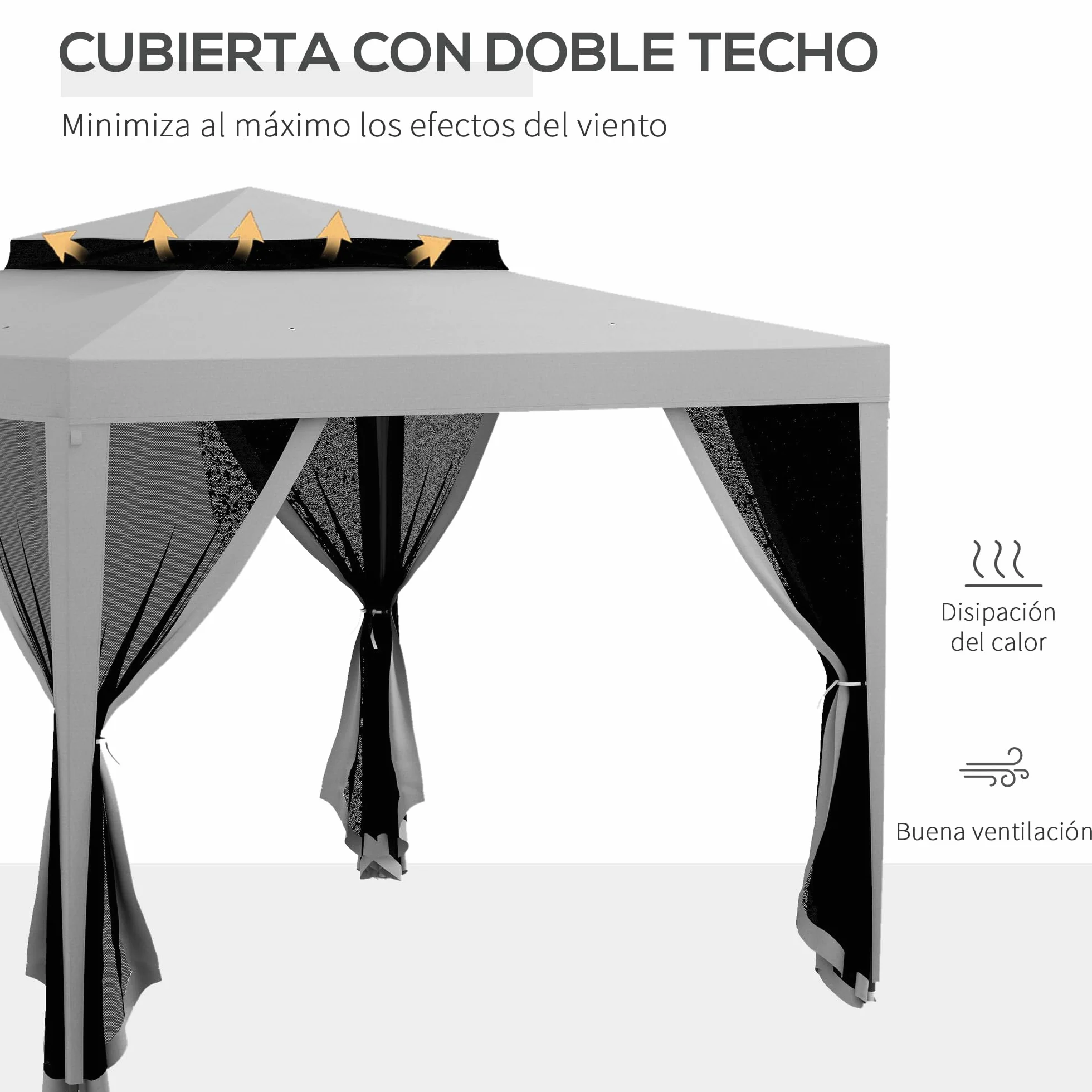 Outsunny Carpa de Jardín 3x3 m Cenador Desmontable de Exterior Gazebo con 4 Mosquiteras Laterales Techo Doble y Marco Metálico Anti-UV Impermeable Pabellón para Terraza Patio Gris
