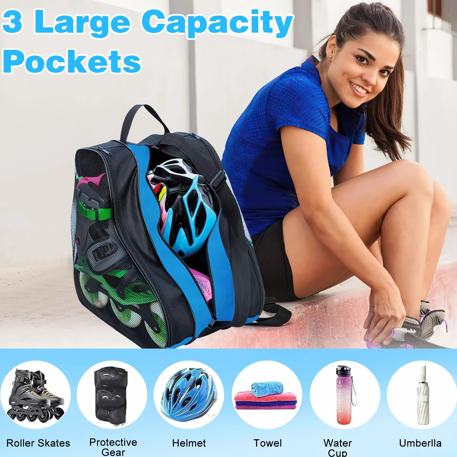Bolsa para Patines en Linea con 3 Compartimentos para Casco y Protecciones