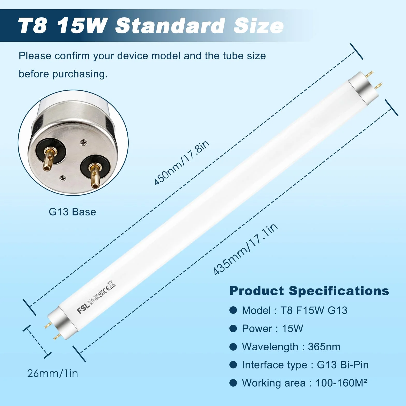 Tubos UV 365 NM 45 cm Repuesto para Lámpara Antimosquitos 30W Paquete 2 Unidades