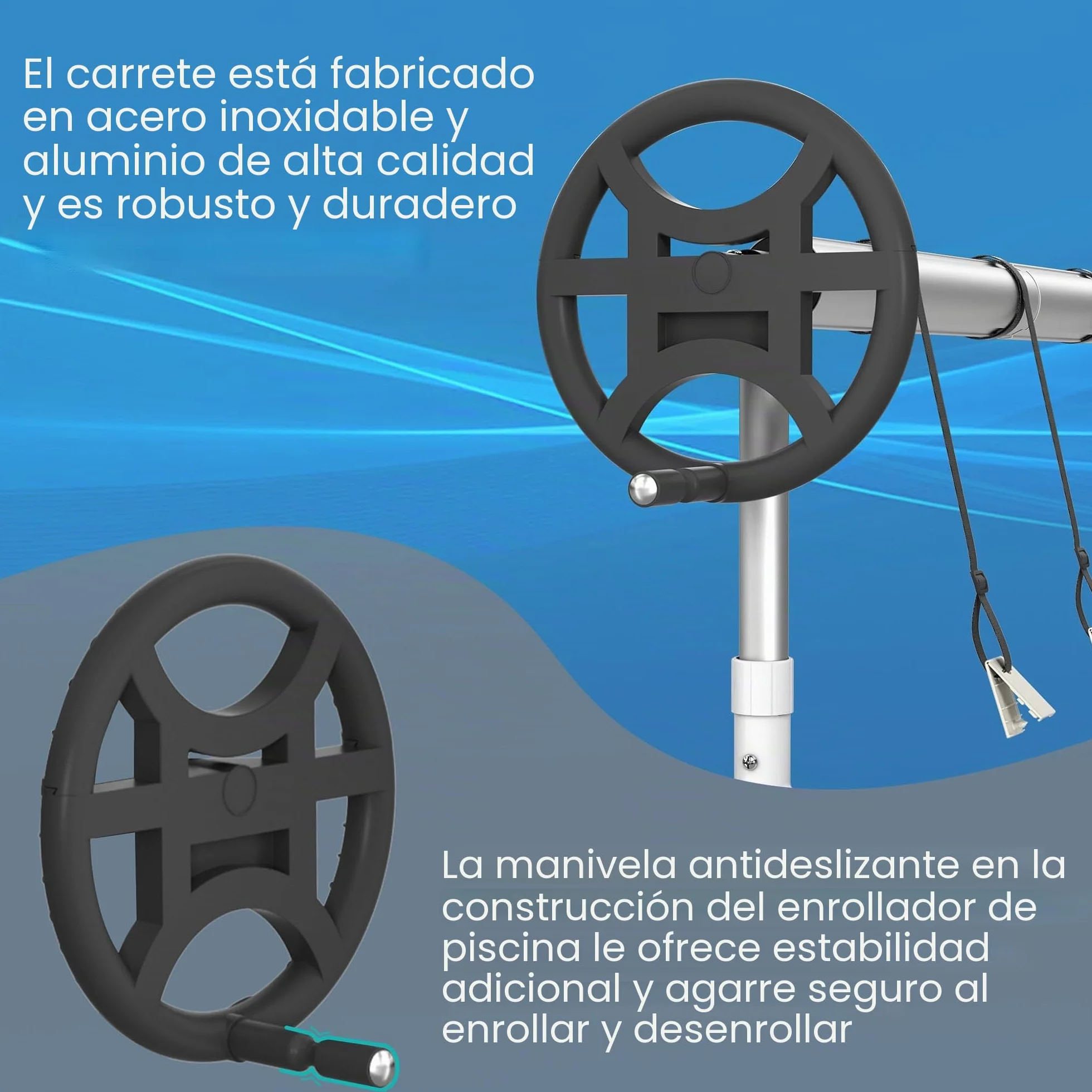 Enrollador para piscina NAIZY Sistema de enrollado 3m-5,7m con cubierta de lámina Móvil, ruedas y clips CR16