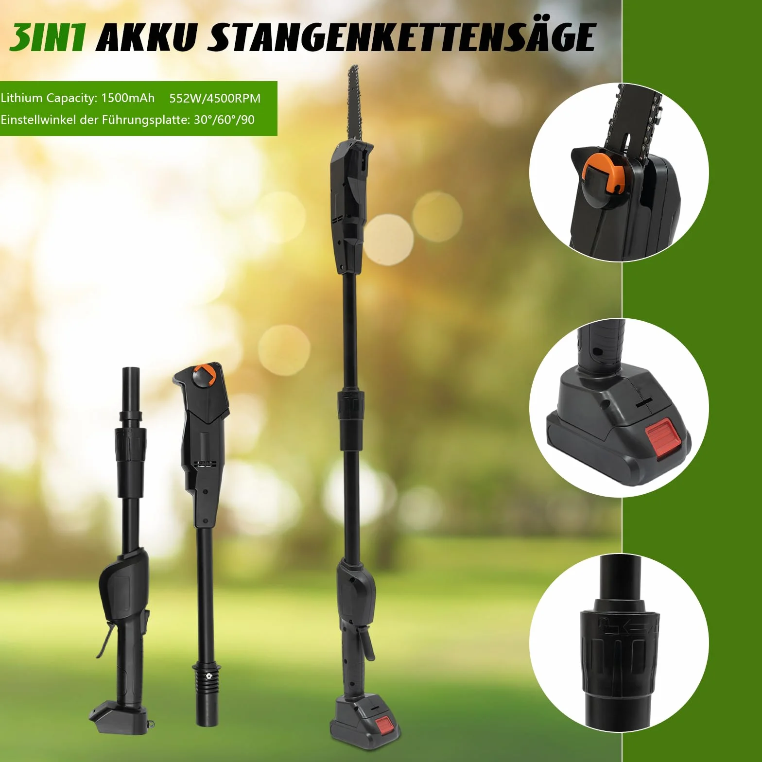 Batería podadora de hasta 1,25 m, 552 W, motor sin escobillas, 4500 rpm, 1200 m/min, sierra de podar profesional con batería de litio de 1500 mAh para cortar y podar ramas