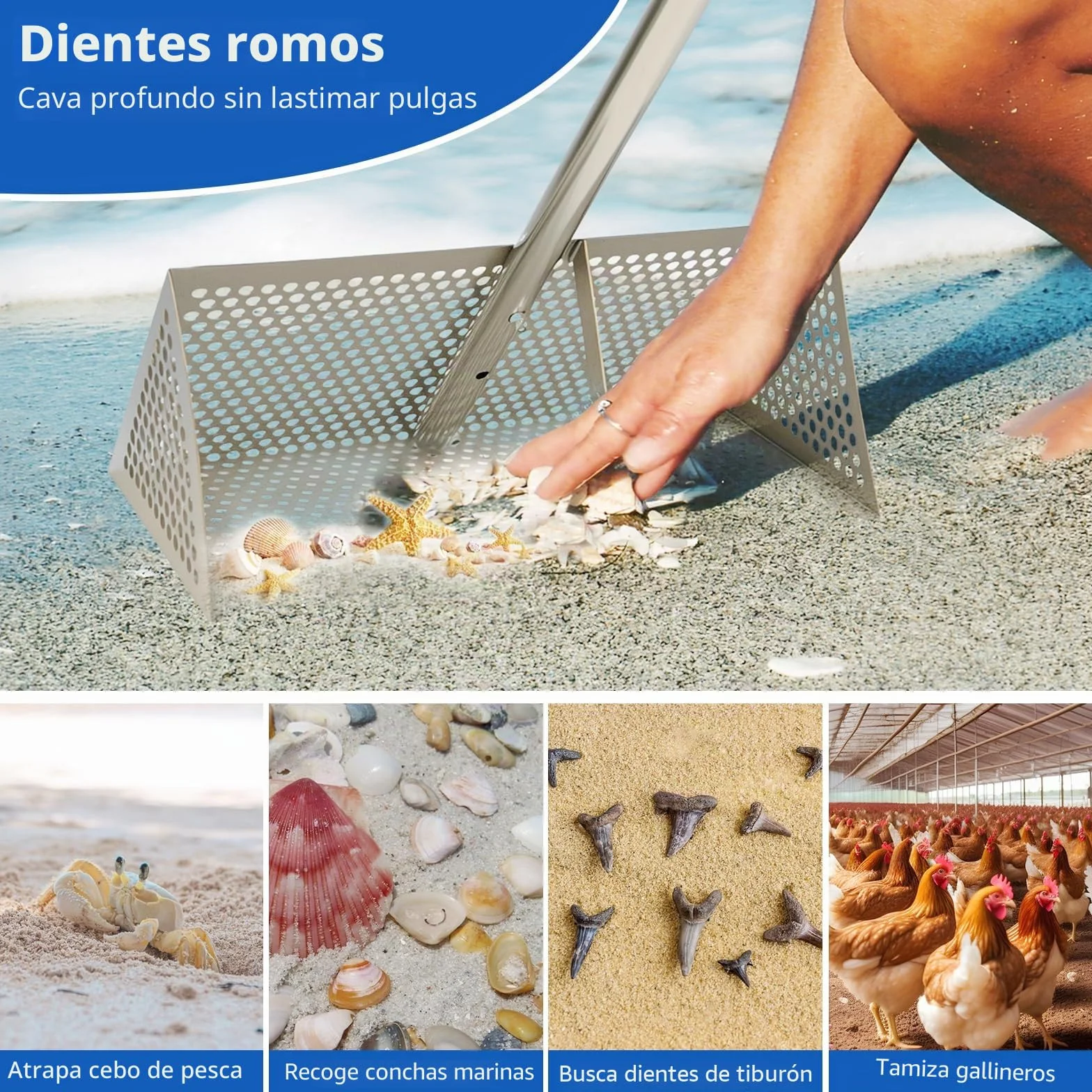 Colador de arena de acero inoxidable con cesta trapezoidal ancha, rastrillo de playa extraíble de mango largo