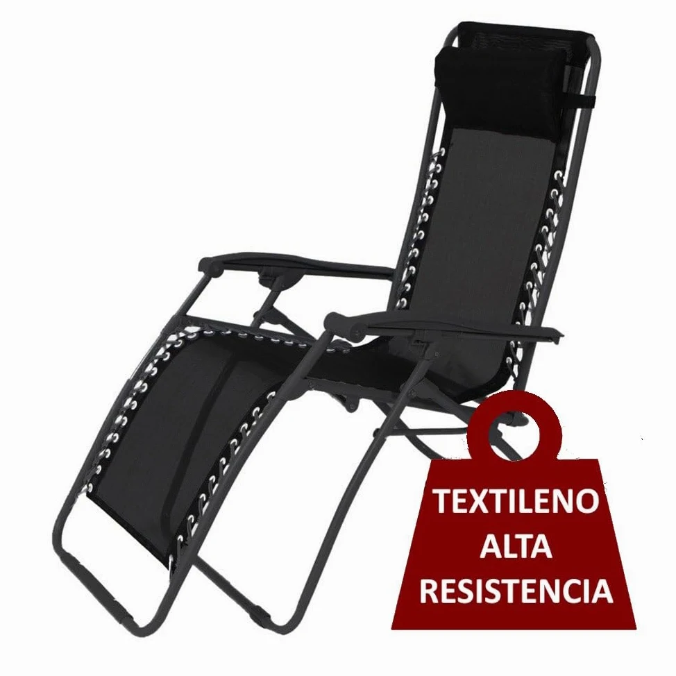 LOLAhome Sillón Tumbona Gravedad Cero Negro, Textileno Alta Resistencia | Reclinable con Bloqueo de Seguridad y Ligeras Acero, de 95x65x106 cm, Para Exterior, Jardín, Terraza, Piscina.