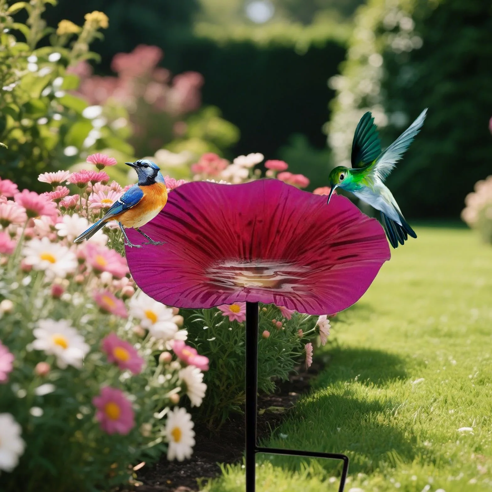 Soporte para Pájaros de Agua con Poste para Exterior Decoración Jardín Forma Flor