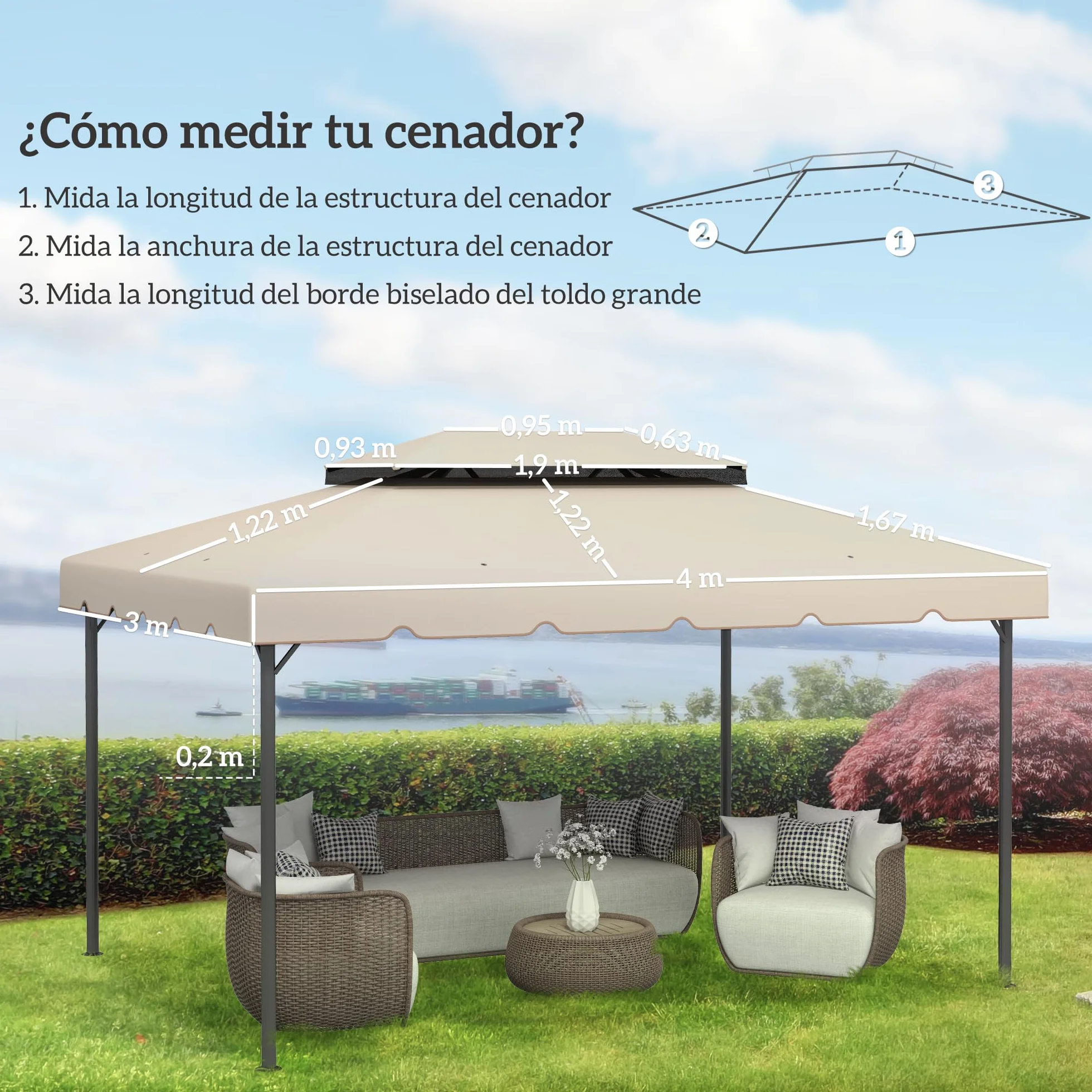 Outsunny Techo de Repuesto para Cenador, 4x3 m, Cubierta de Repuesto con Doble Techo, 8 Orificios de Drenaje, Solo Toldo de Recambio para Pabellón Gazebo, Beige