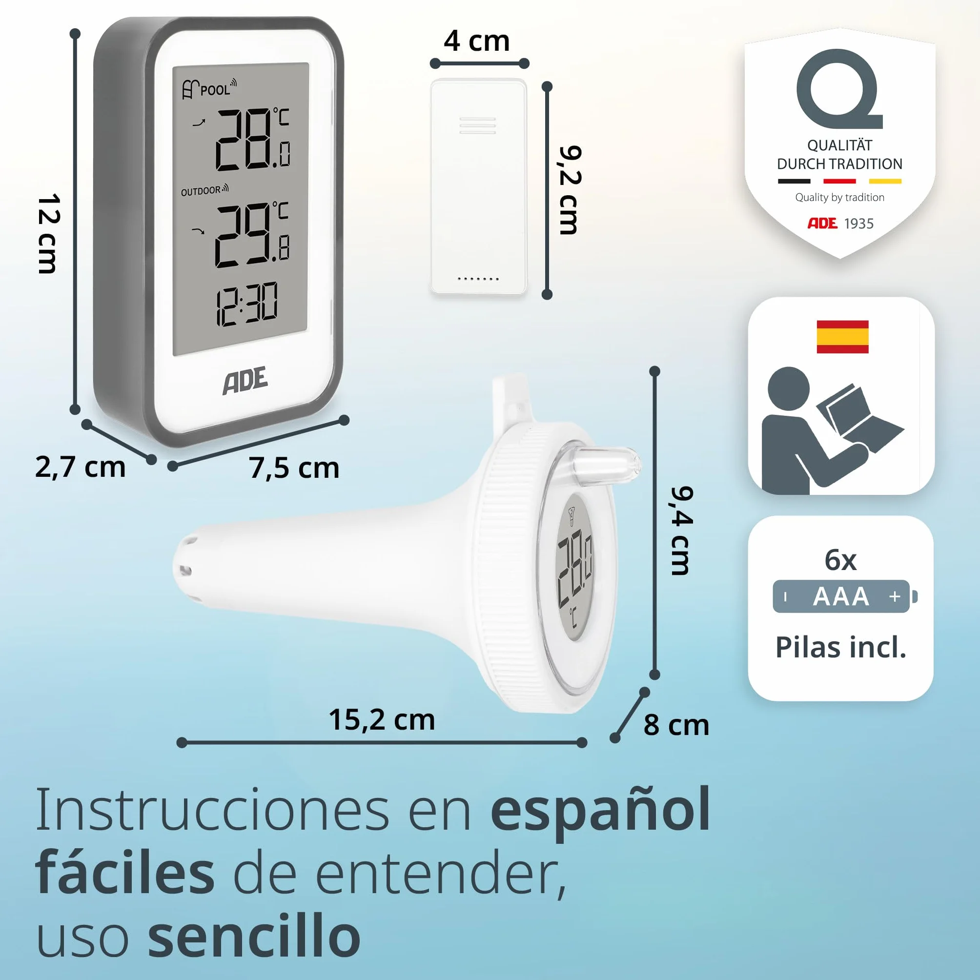 ADE Termómetro digital de piscina flotante con sensor exterior