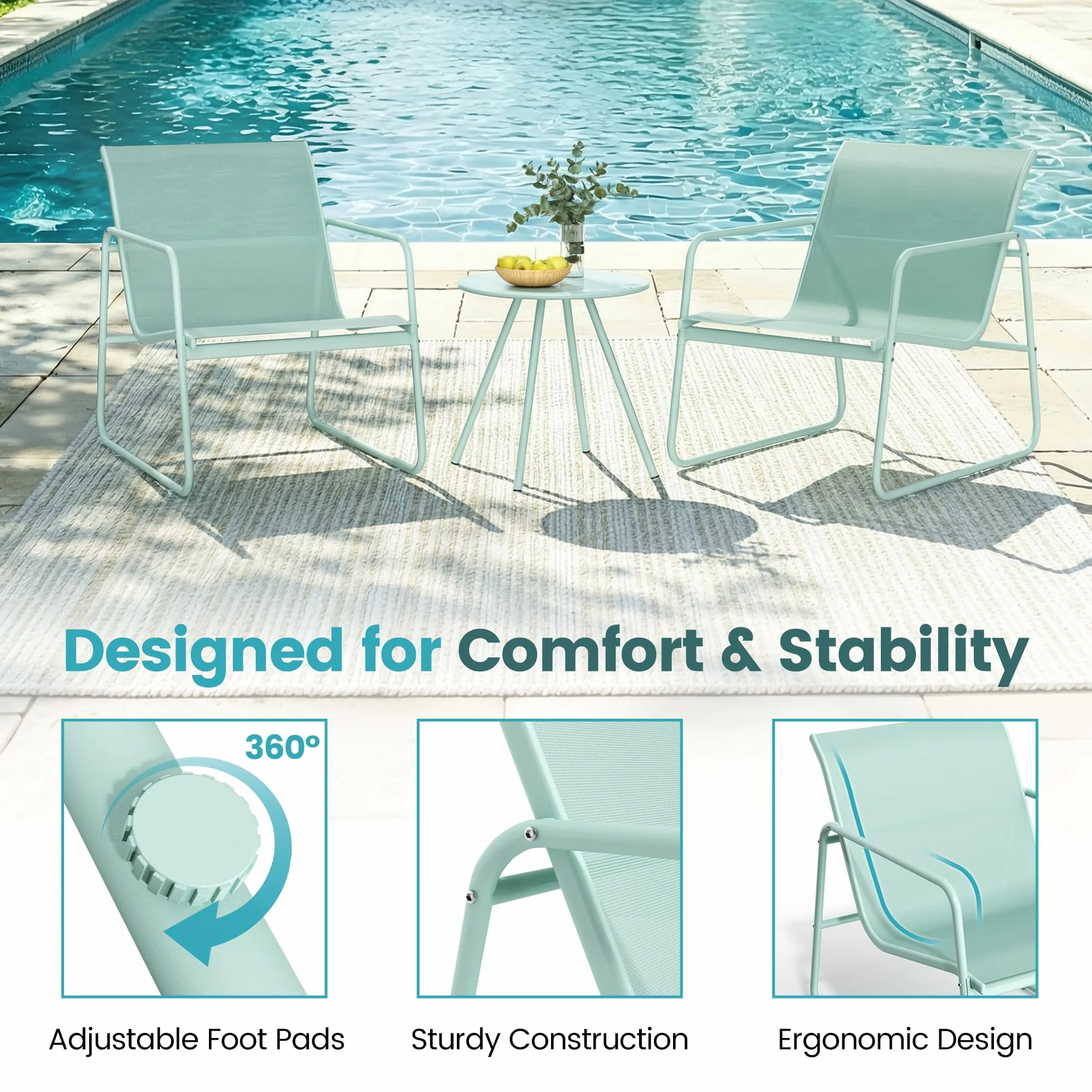 Pamapic Conjunto de Jardín de 3 Piezas, Muebles de Jardín con Mesa y 2 Sillas, Tejido Textilene Transpirable, Verde