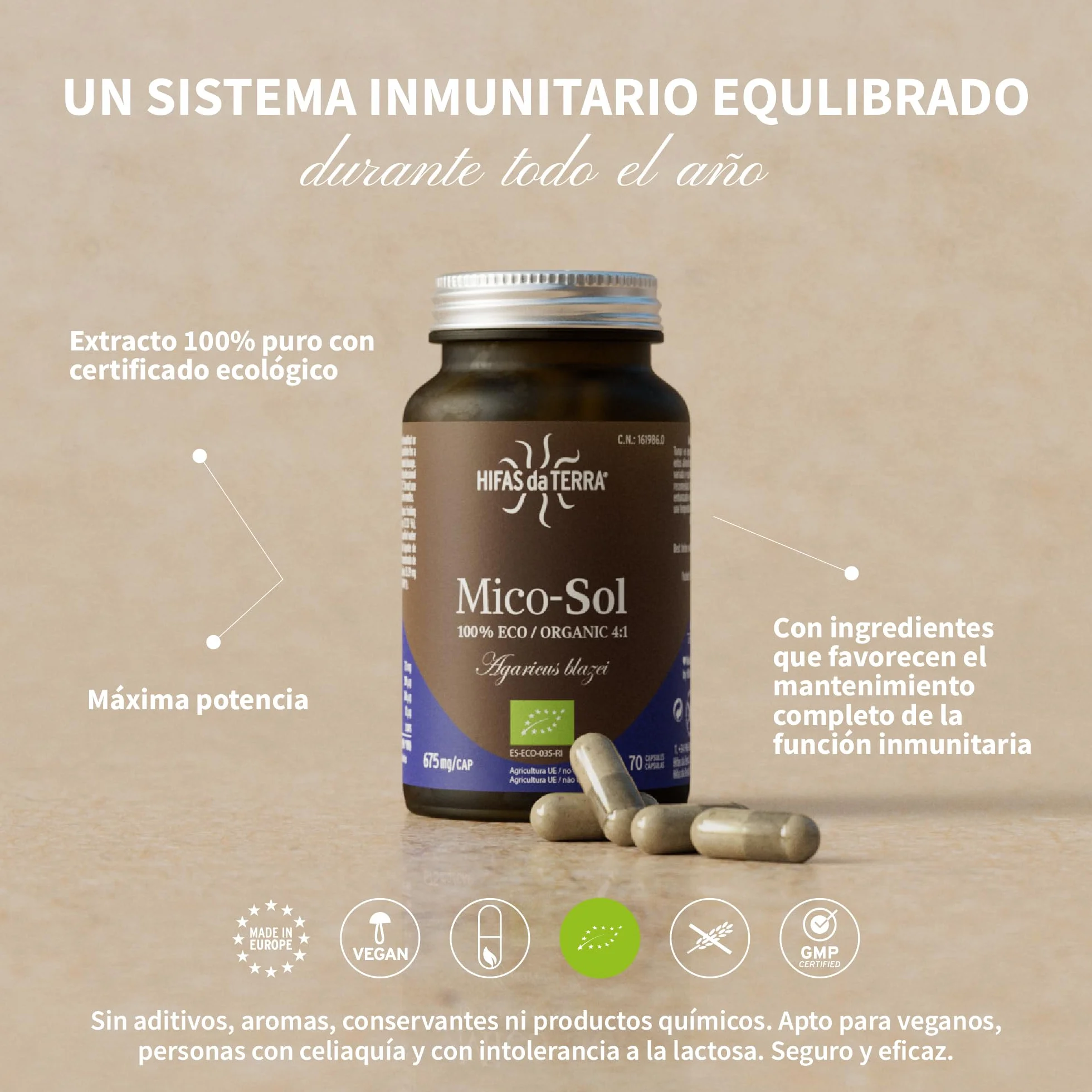 HIFAS DA TERRA Mico-Sol Extracto Puro de Champiñón de Sol + Vitamina C natural - 70 Cápsulas