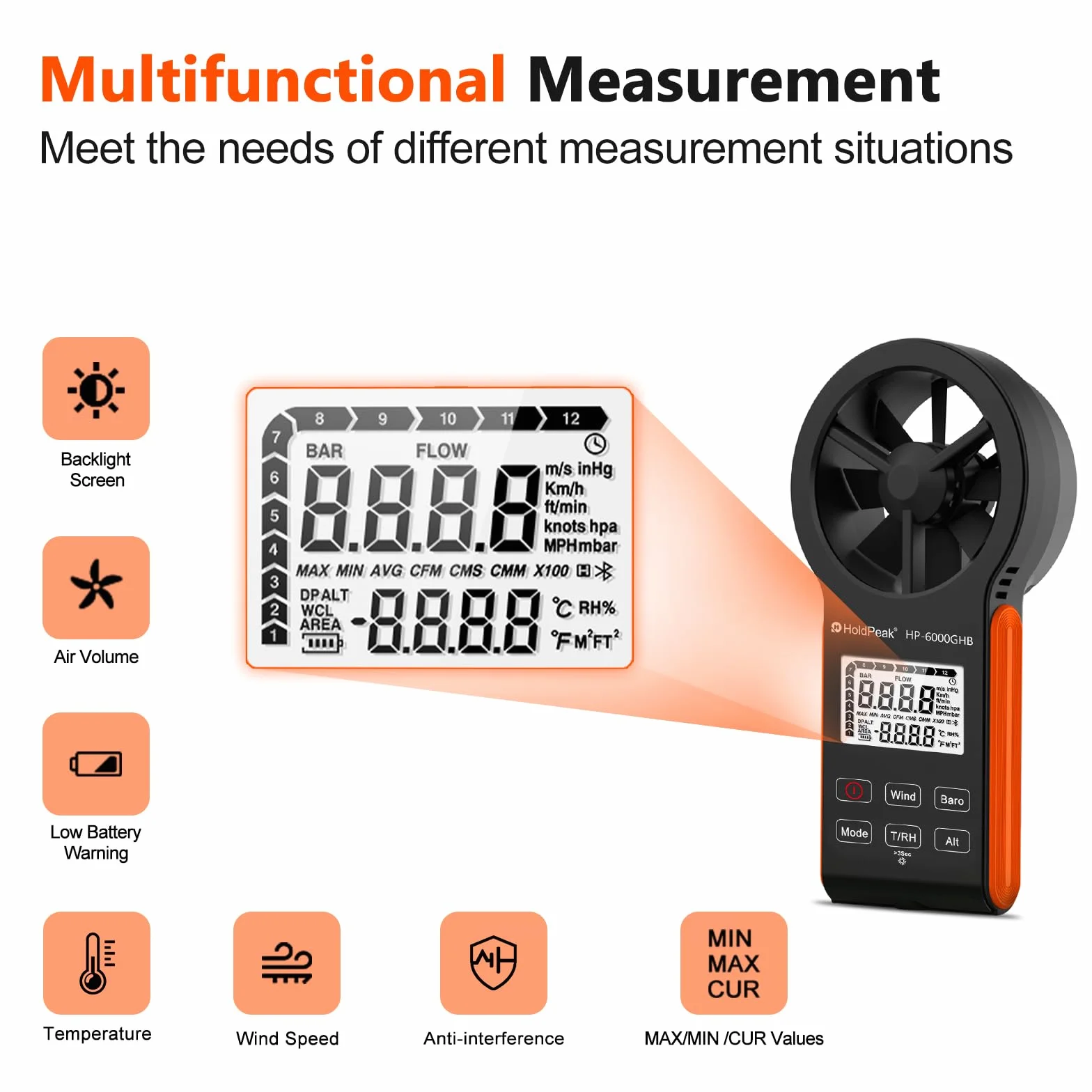 HOLDPEAK HP-6000GHB Anemómetro digital medidor velocidad viento flujo aire temperatura Max/min retroiluminación USB-C resistente agua