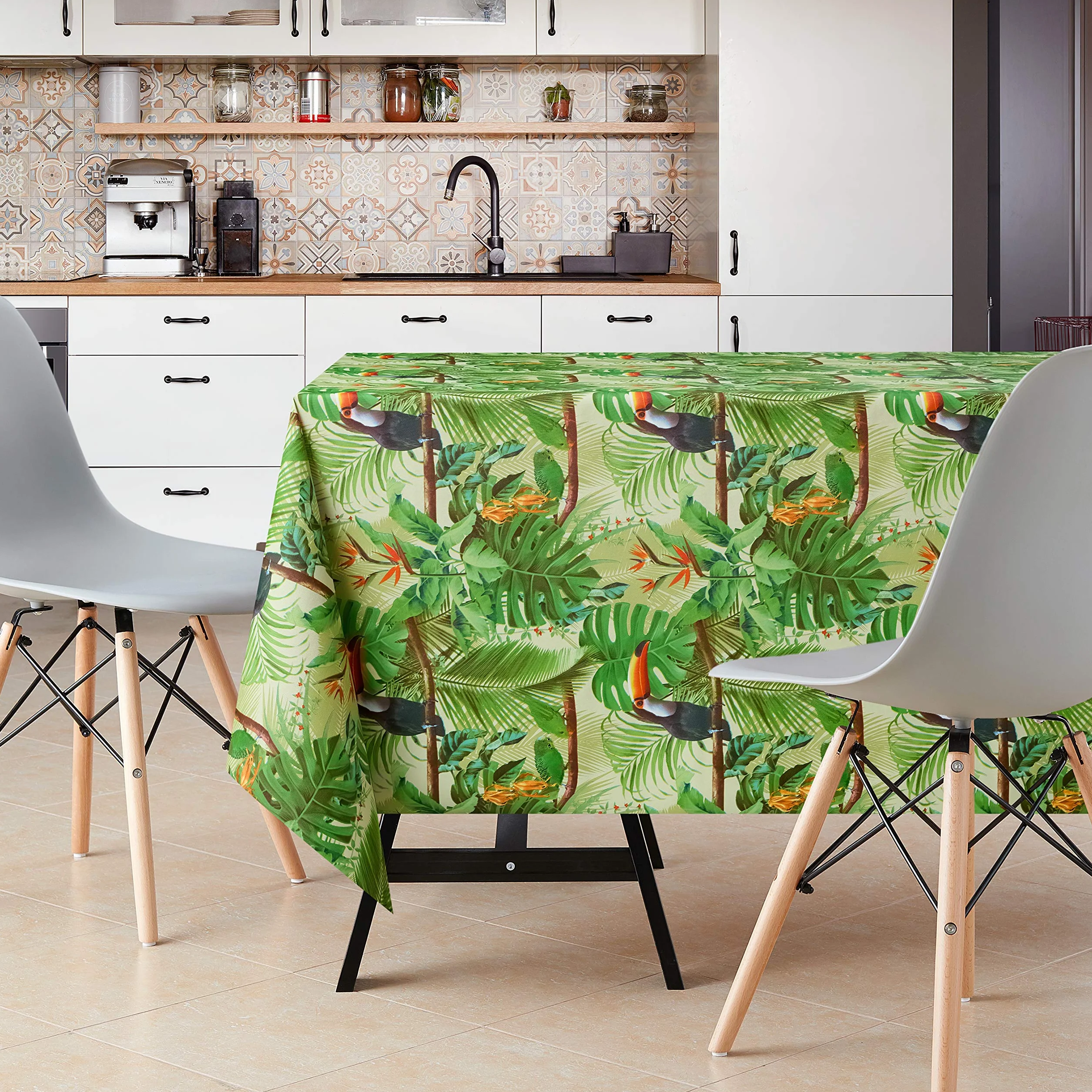 Mantel PVC Rectangular 250x140 cm Impermeable Antimanchas Exterior e Interior 8 Asientos Verde Palmeras Tucán