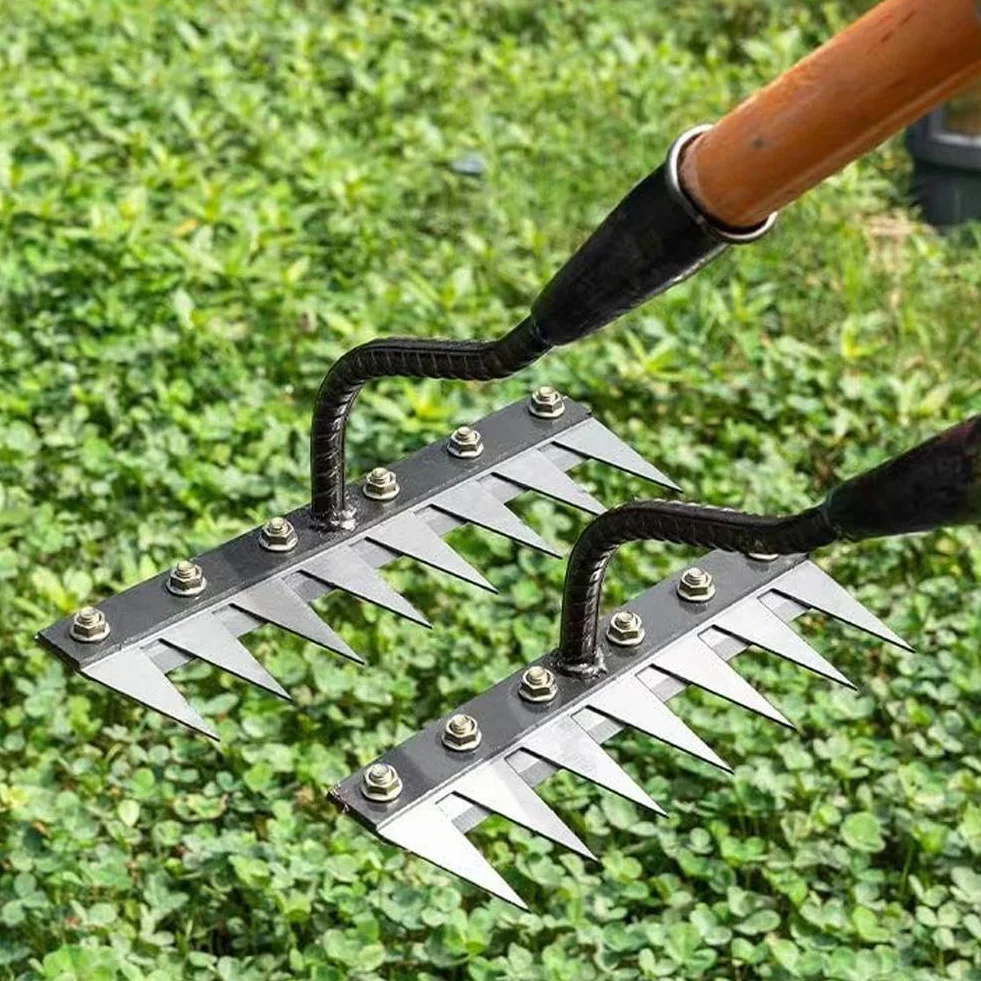 Rastrillo de mano de acero al manganeso de 8 dientes para jardinería y deshierbe