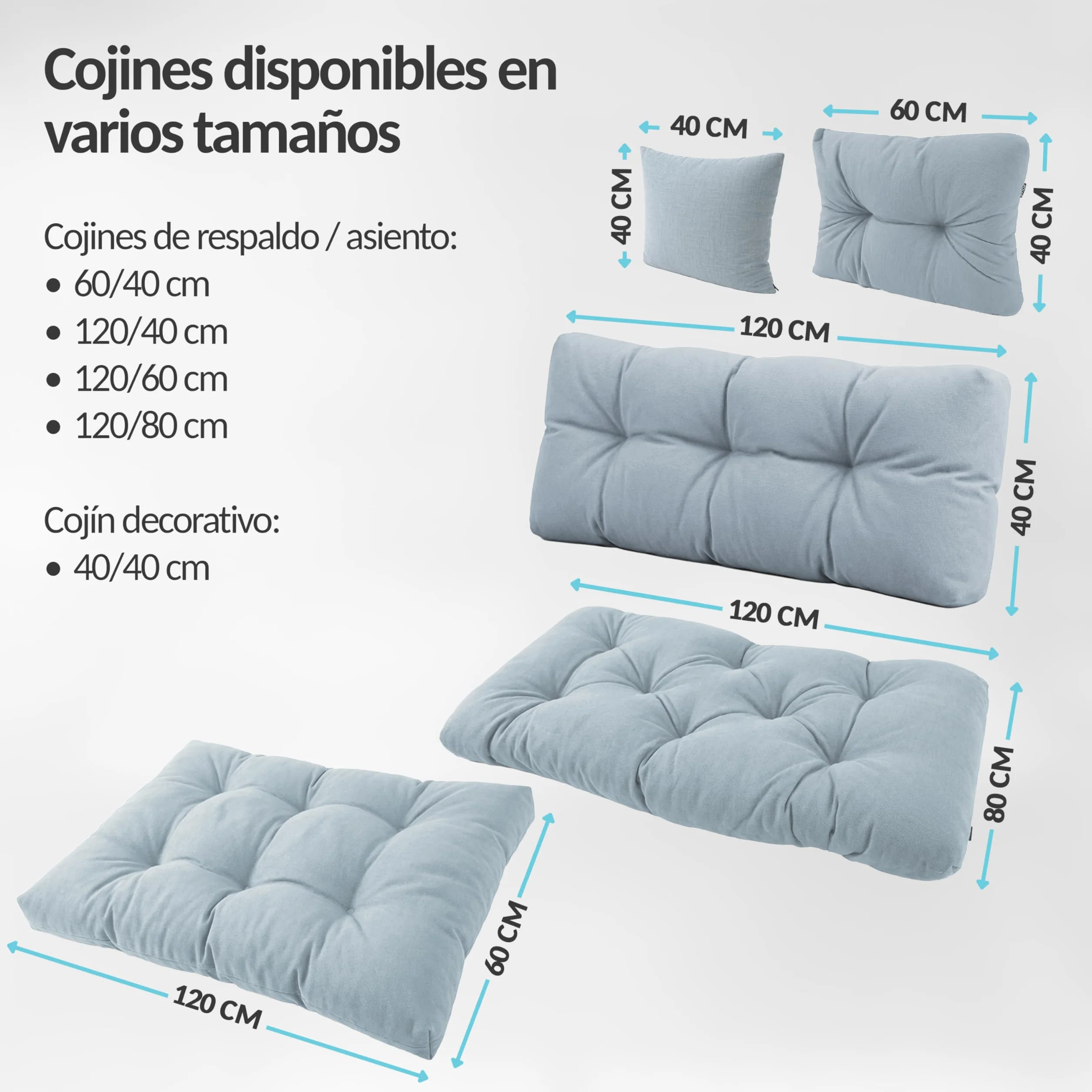 POKAR Set de 2 Cojines para Palets Impermeable 120x80 + 120x40 Gris Oeko-Tex