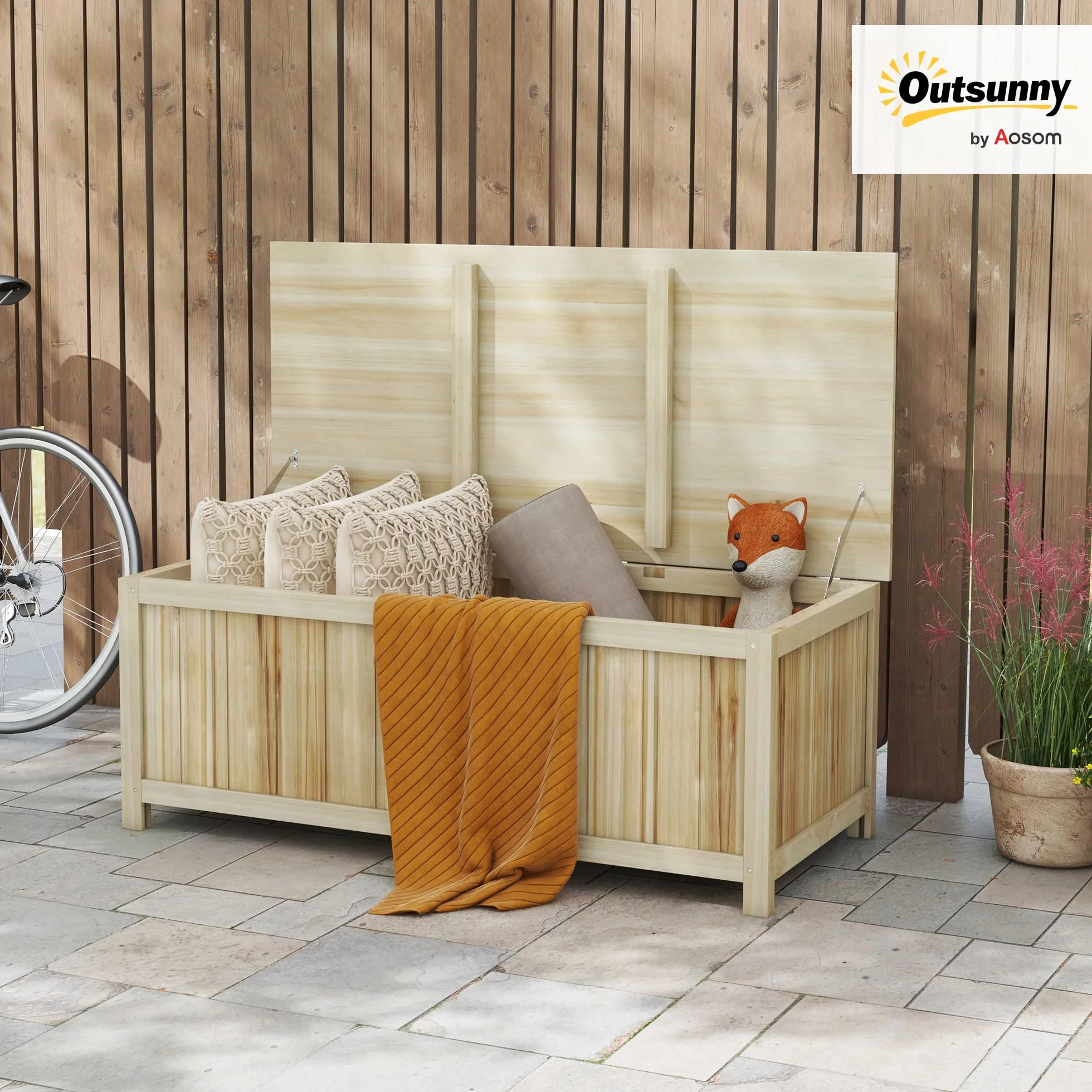 Outsunny Arcón Exterior de Madera 172 L con Tapa Abatible Baúl de Almacenaje Exterior Resistente a la Intemperie 120x55x45 cm