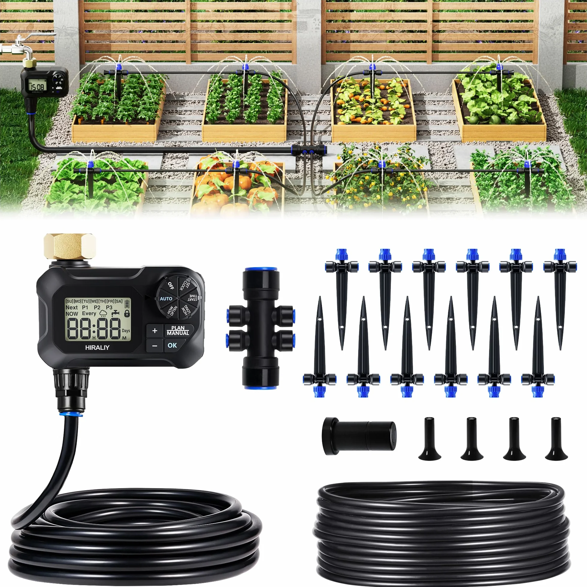 HIRALIY Kits de riego automático por goteo de 50 pies con temporizador de jardín, sistema de riego de jardín para patio, césped, diseño de conector rápido, kit de sistema de riego con temporizador de