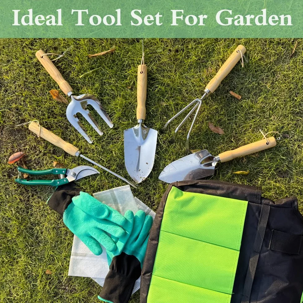 Juego de herramientas de jardín de 10 piezas, herramientas manuales de jardinería de acero inoxidable resistente con alfombrilla de trasplante y bolsas de cultivo, juego de herramientas de jardinería