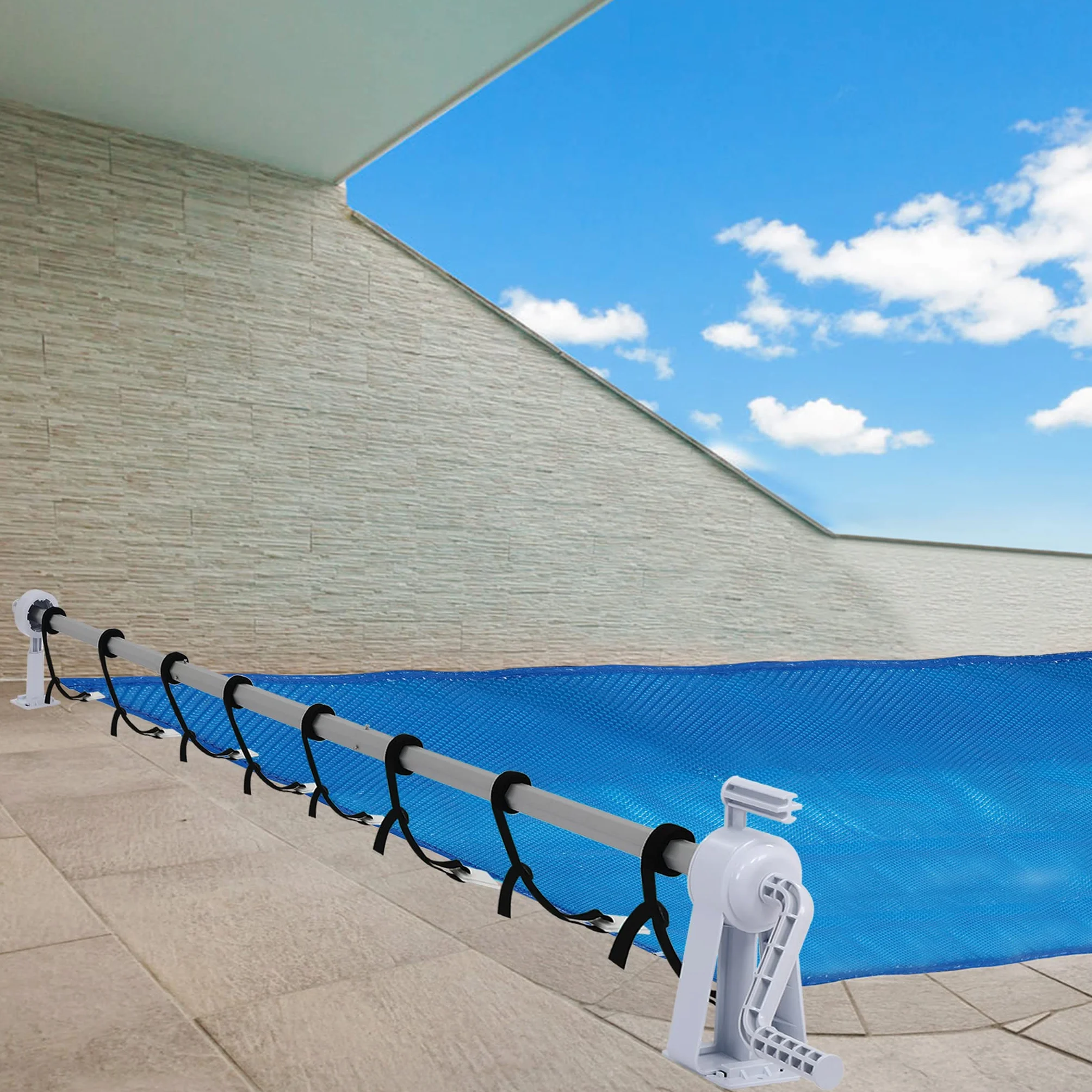 Aufun Enrollador de Piscina Premium 1,05 – 6,15 m Sistema de Enrollado Móvil con 8 Bandas de Fijación