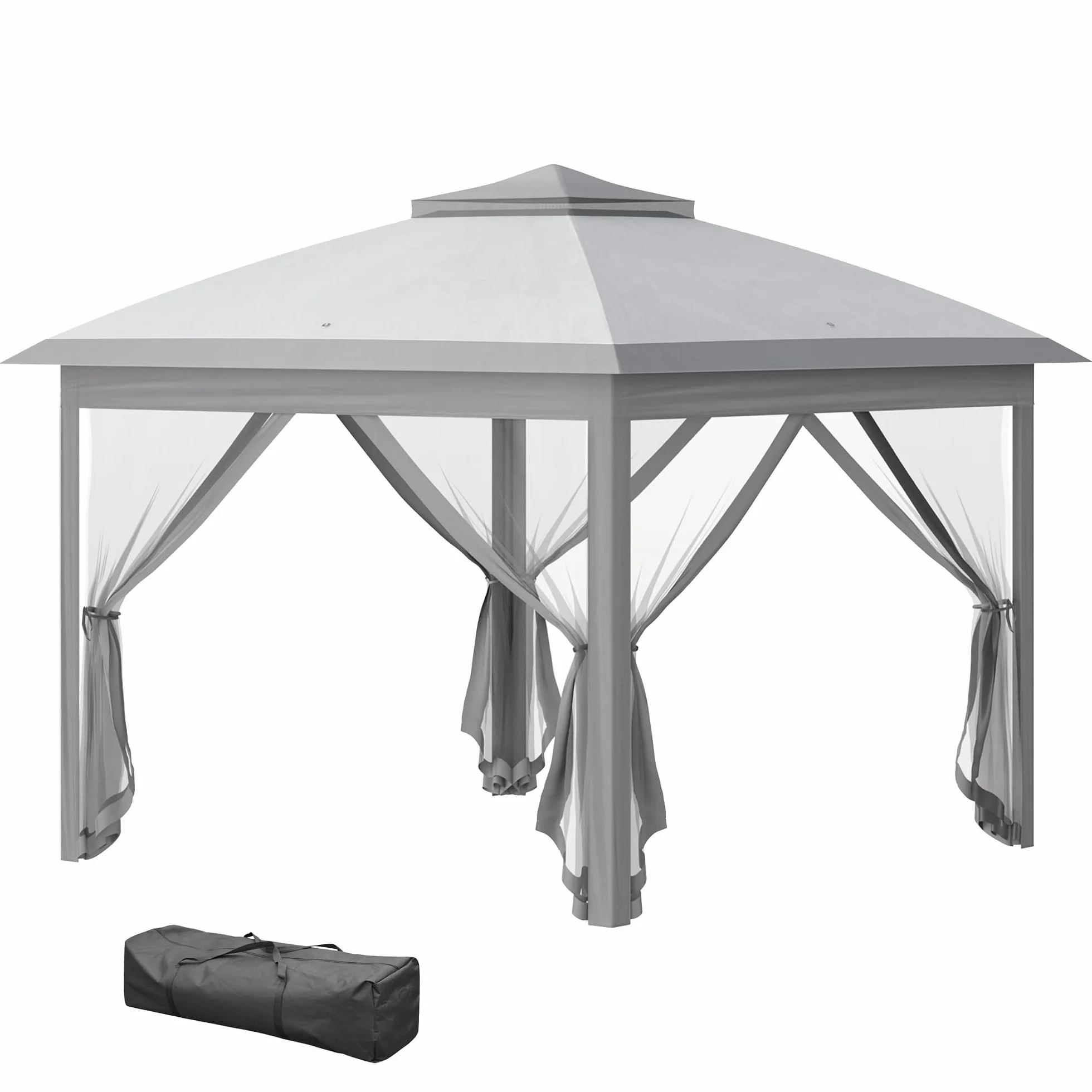 Outsunny Carpa Plegable 3,3x3,3 m Cenador de Jardín con Altura Ajustable en 3 Niveles Doble Techo 4 Mosquiteras Extraíbles y Bolsa de Transporte Impermeable Anti-UV Gazebo para Exterior Fiestas Gris