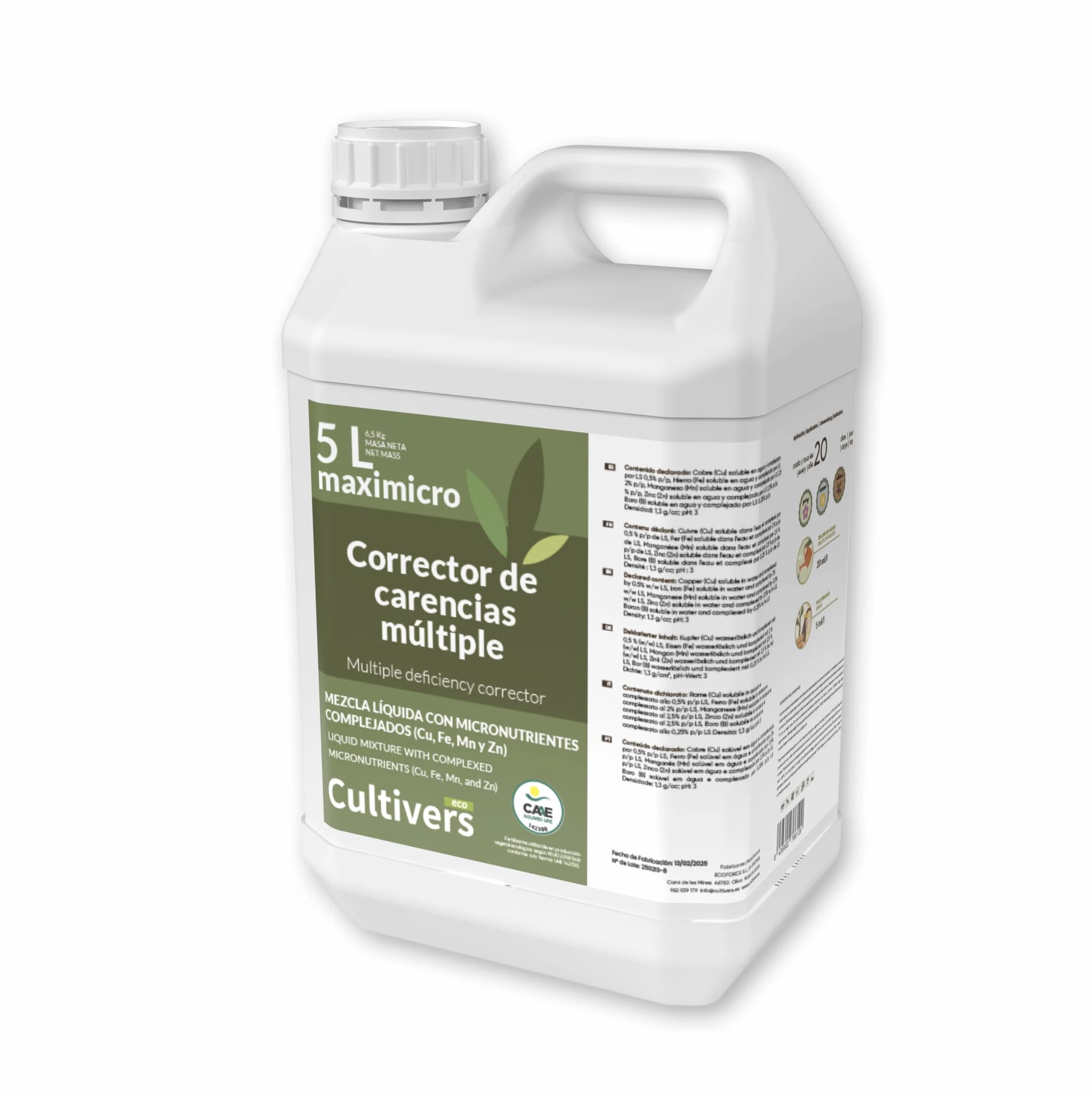 CULTIVERS Abono Ecológico con Hierro Cobre Manganeso Boro y Zinc 5 L Fertilizante líquido para carencias nutricionales