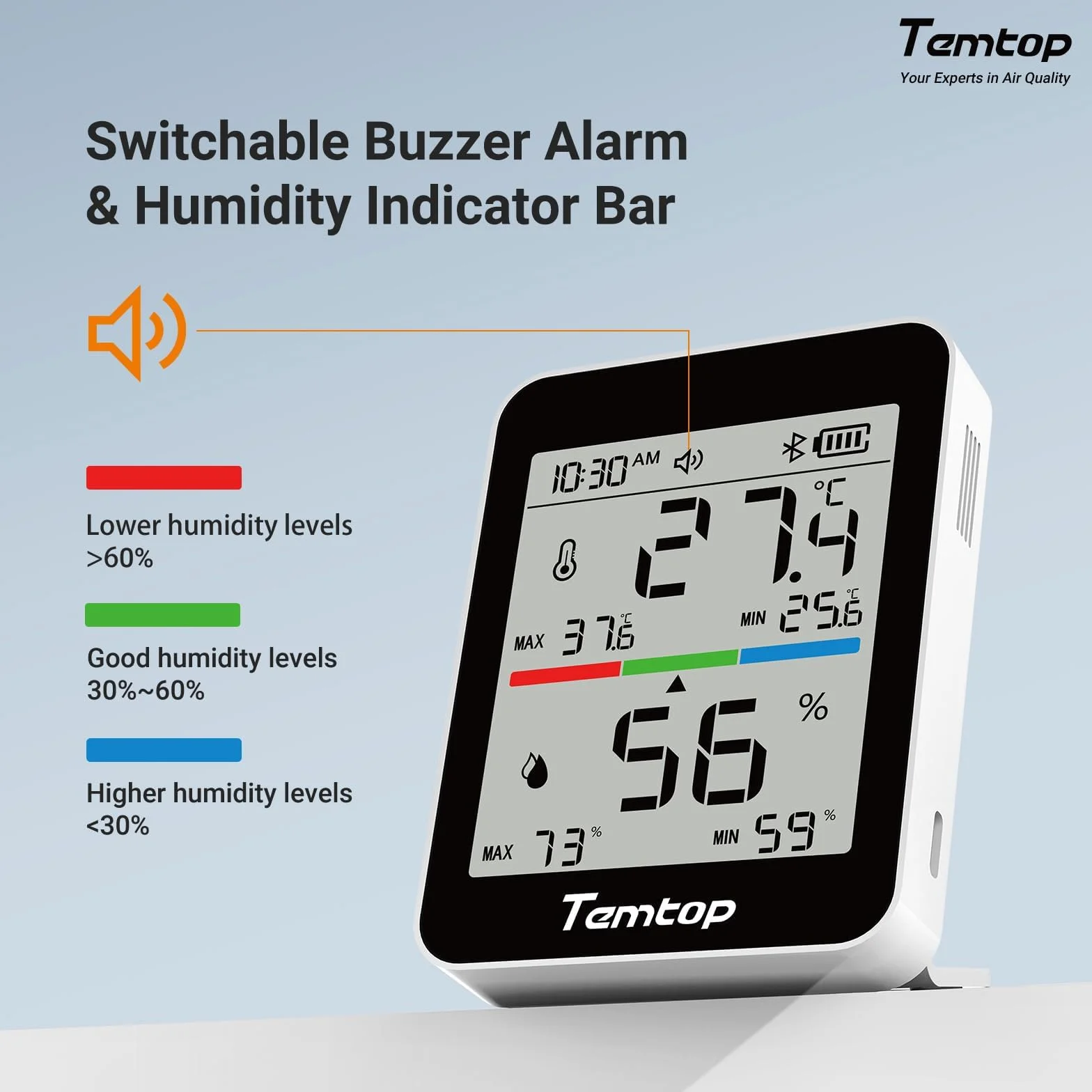 Temtop T1 Medidor de Humedad Digital Termómetro Interior Higrómetro Bluetooth con Alertas