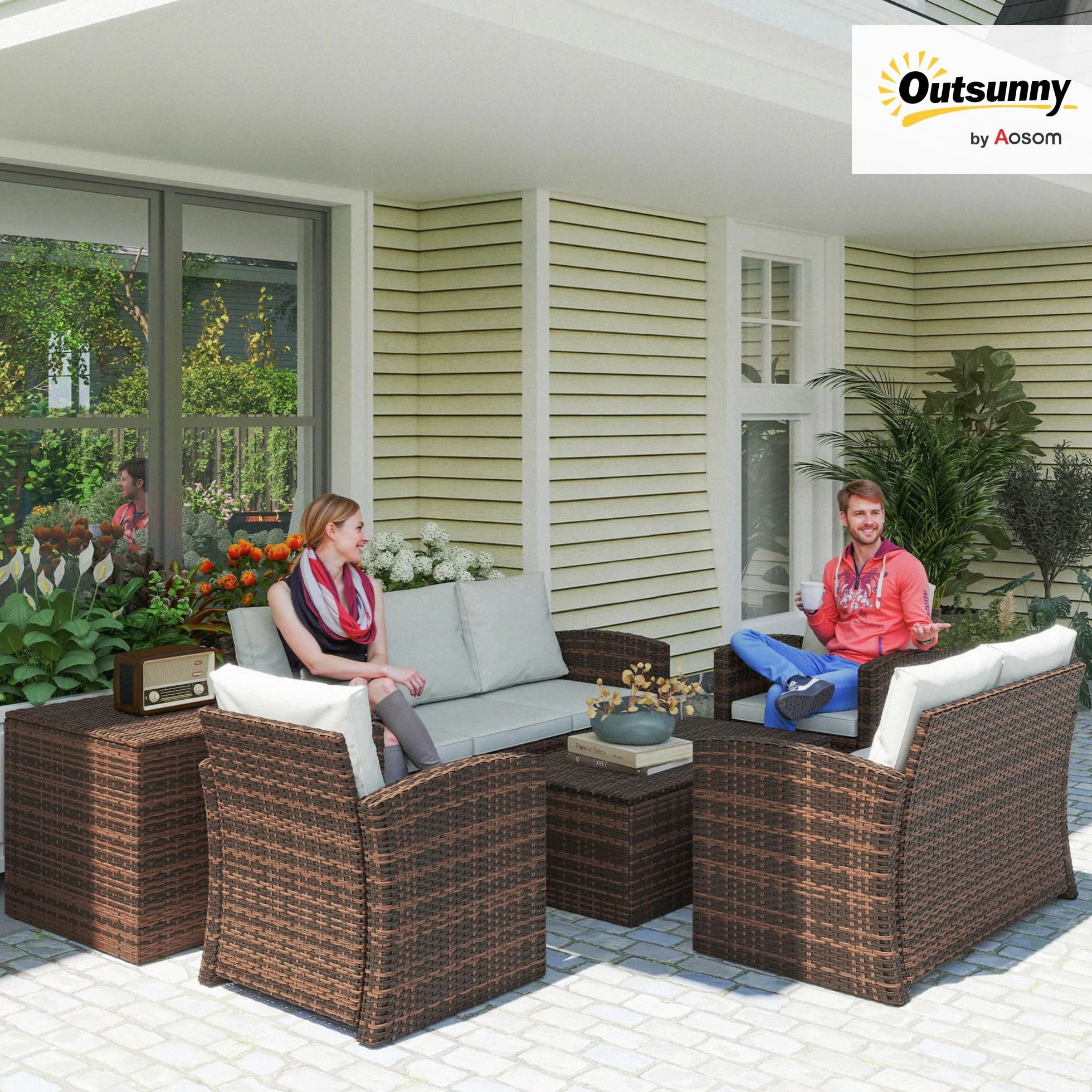 Outsunny Conjunto de Jardín Exterior de Ratán 6 Piezas con Cojines, Sofá Doble, 3 Plazas, 2 Sillones, 2 Mesas, Beige