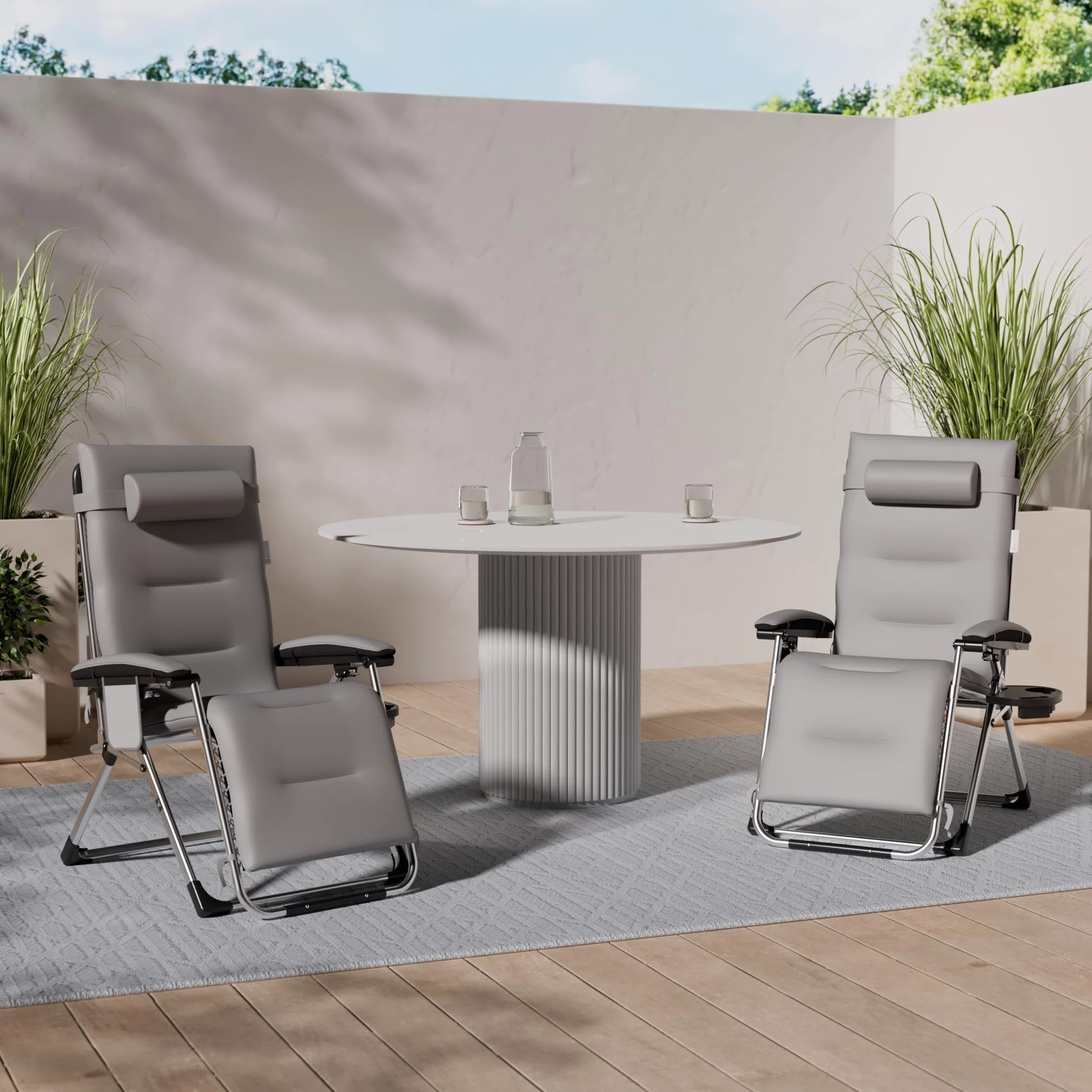 KESSER® Tumbona Plegable XXL, Resistente a la Intemperie, Capacidad de Carga 200kg, Tapizado Ergonómico, Respaldo Ajustable, Cojín Cervical, Portavasos y Cojín para Brazos, Basic - Gris