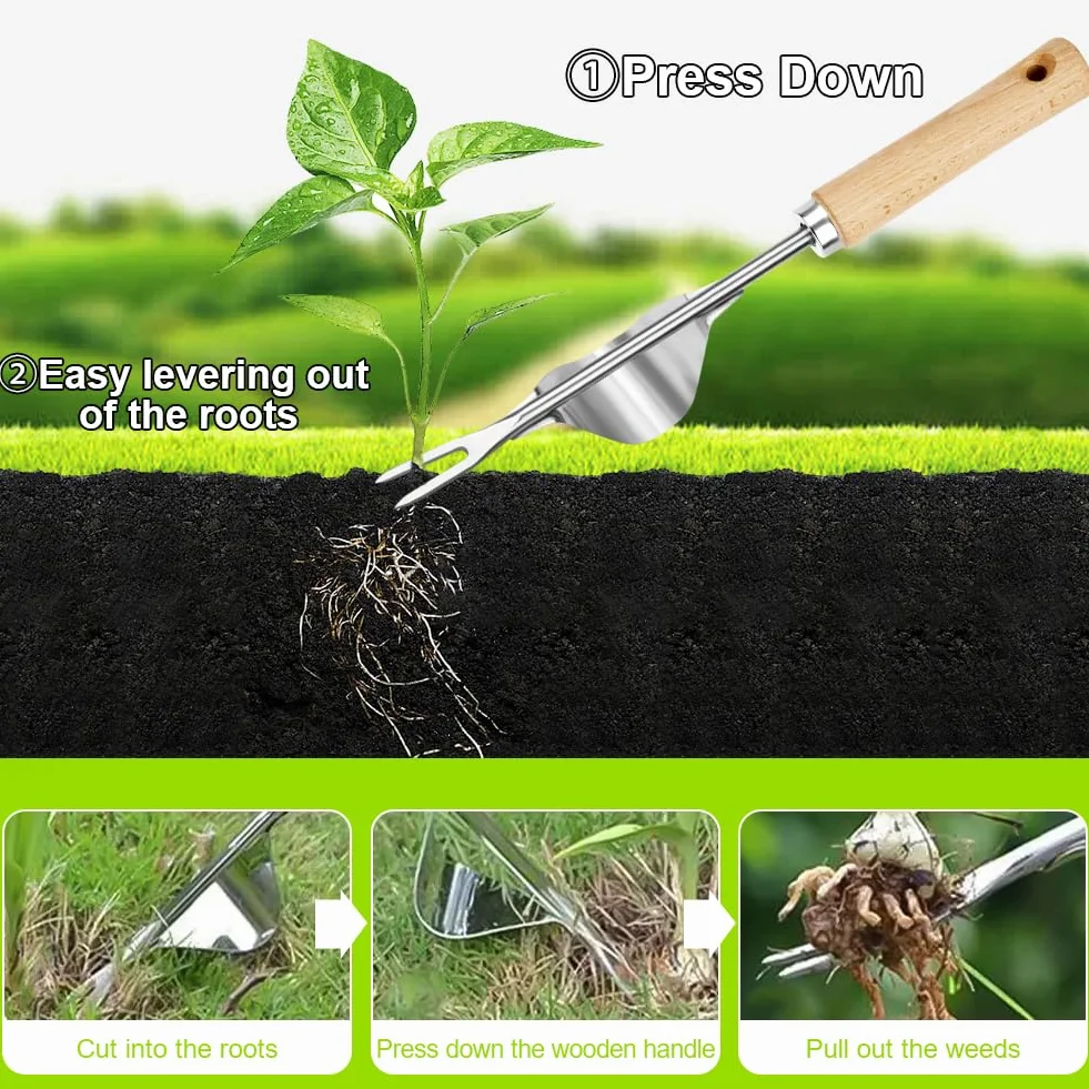 Desherbador Manual 3 Piezas Acero Inoxidable Kit Jardinería Mango Madera