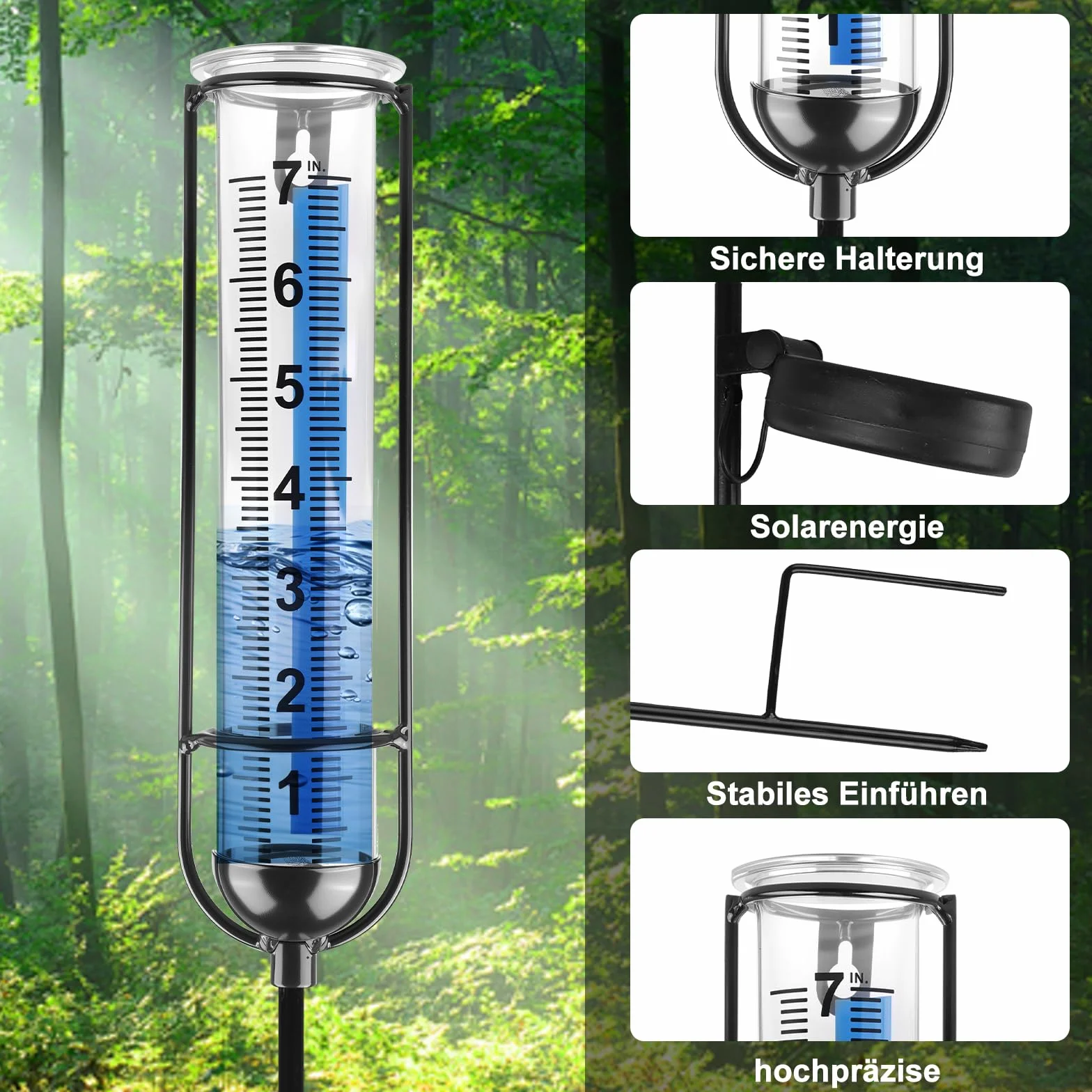 Pluviómetro solar LED de jardín con estaca, vidrio resistente a las heladas, medición precisa de lluvia