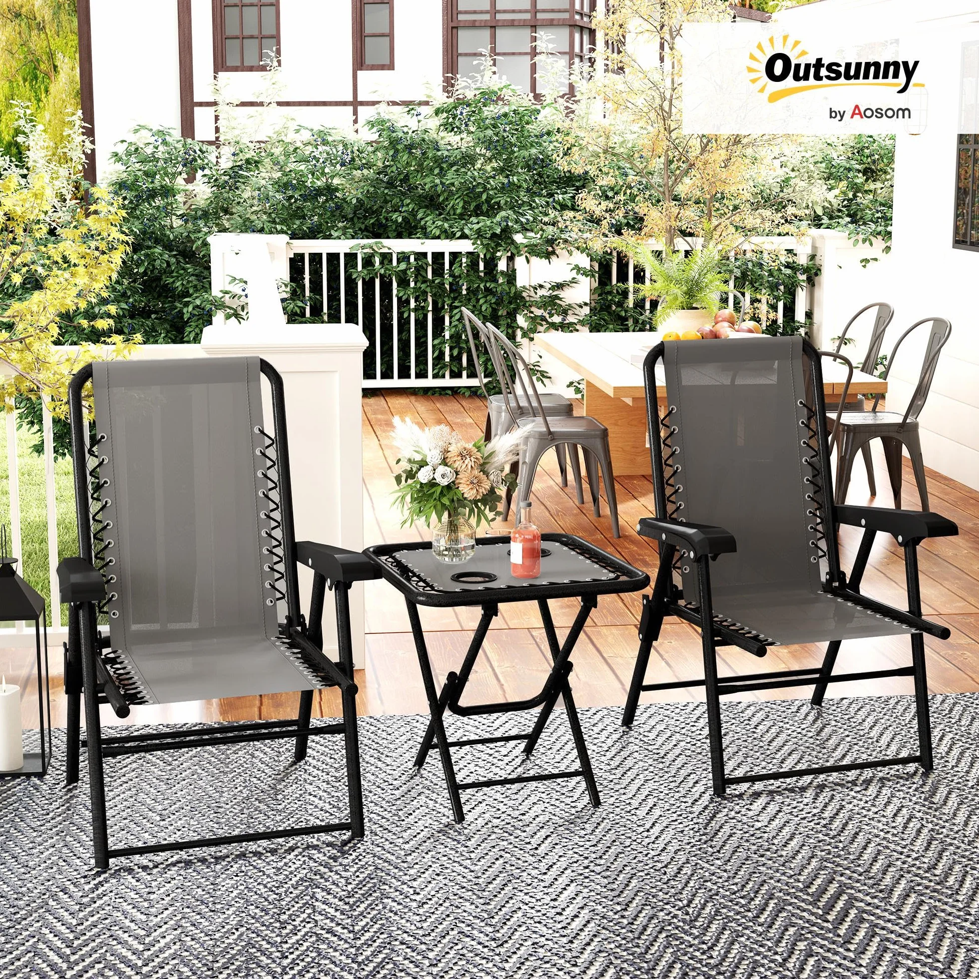Outsunny Conjunto de Mesa y Sillas de Terraza Exterior 3 Piezas Plegables con Estructura de Acero Gris Oscuro