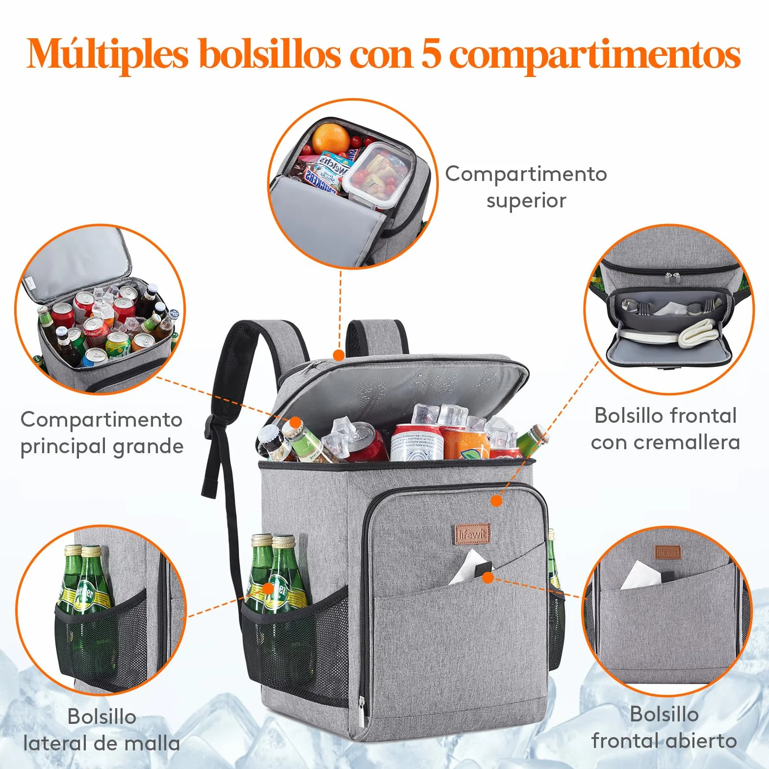 Lifewit Mochila Nevera Isotérmica 26L Gris Portátil para Playa Camping Viaje