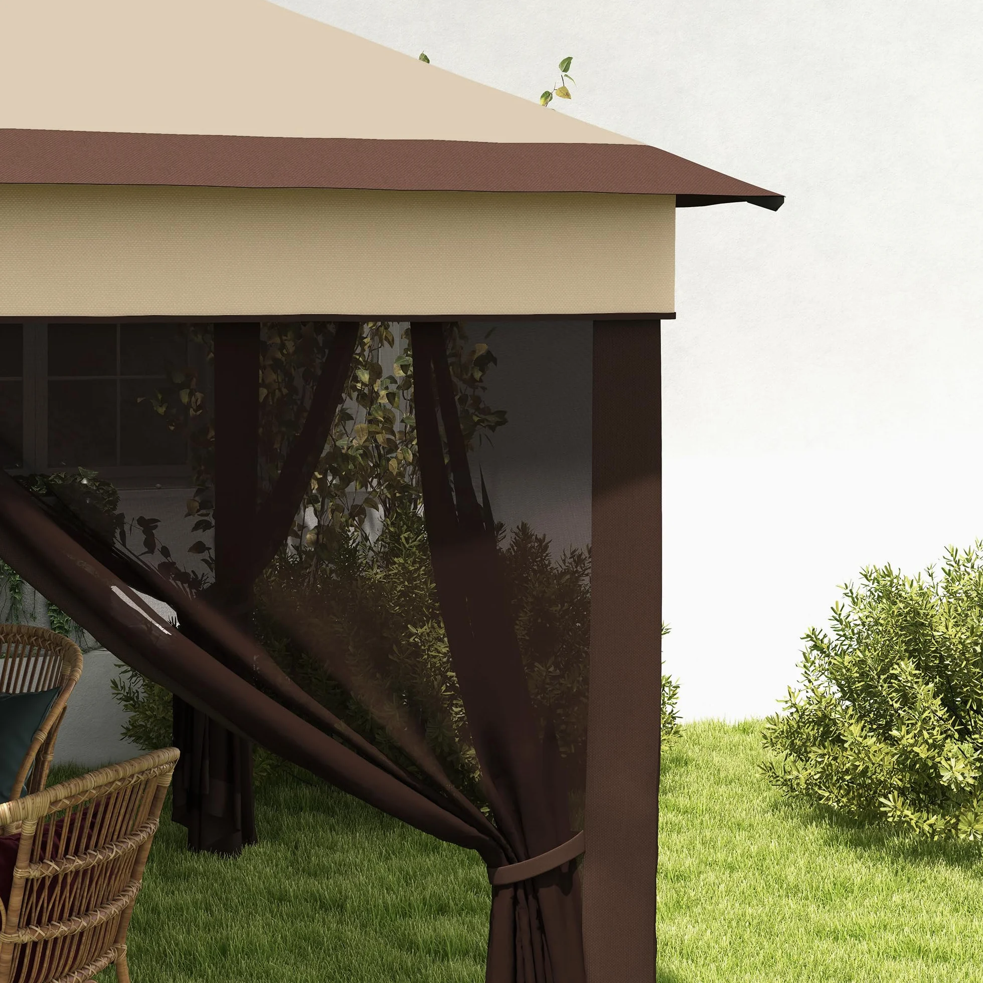 Outsunny Carpa Plegable 3x3x2,7 m Cenador de Jardín con Doble Techo Altura Ajustable 4 Mosquiteras Protección UV30+ Impermeable y Bolsa Gazebo para Exterior Fiestas Camping Beige y Café