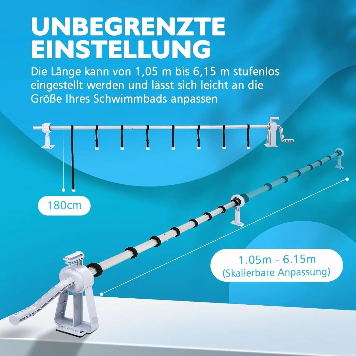 ACXIN Enrollador de piscina ajustable 1,05–6,15 m, enrollador de lona solar con manivela manual, telescópico de aluminio