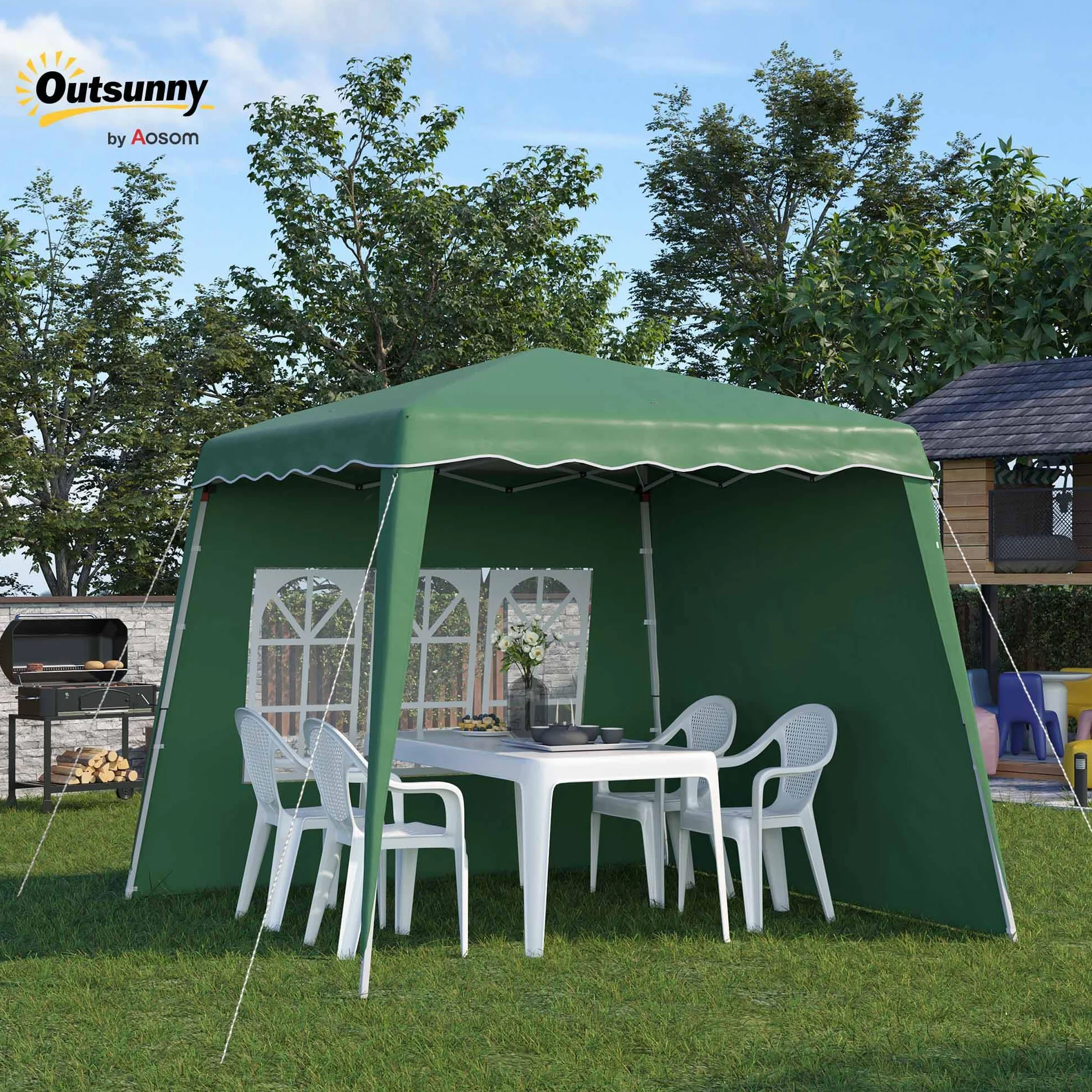 Outsunny Carpa Plegable Pop-up 3x3 m Cenador Pabellón de Jardín con 2 Paredes Laterales Altura Ajustable y Bolsa de Transporte Protección UV50+ Impermeable Gazebo para Camping Fiestas Exterior Verde