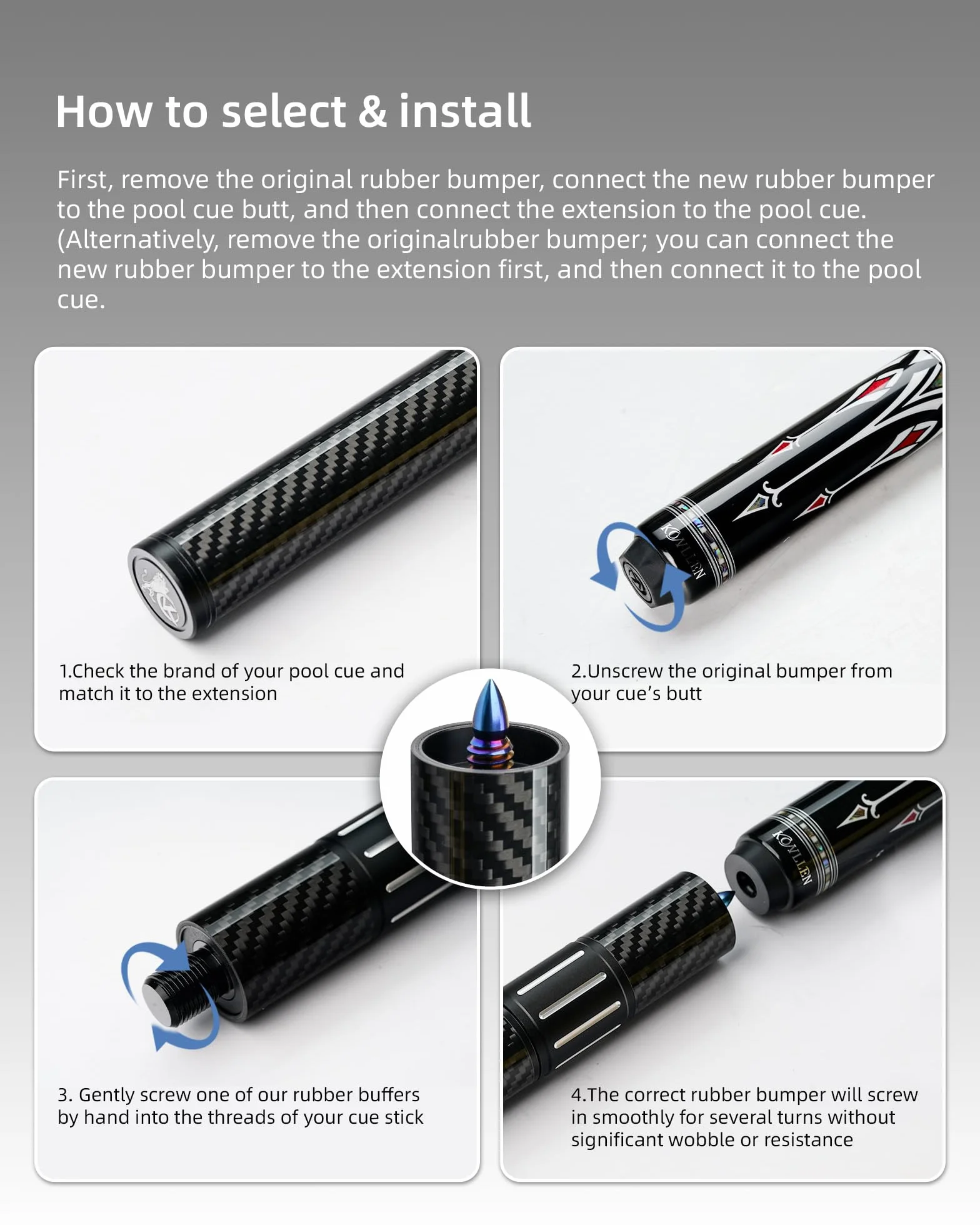 KONLLEN Pool Cue Extension Carbon Fiber Billiards Cue Extension with 3 Bumpers