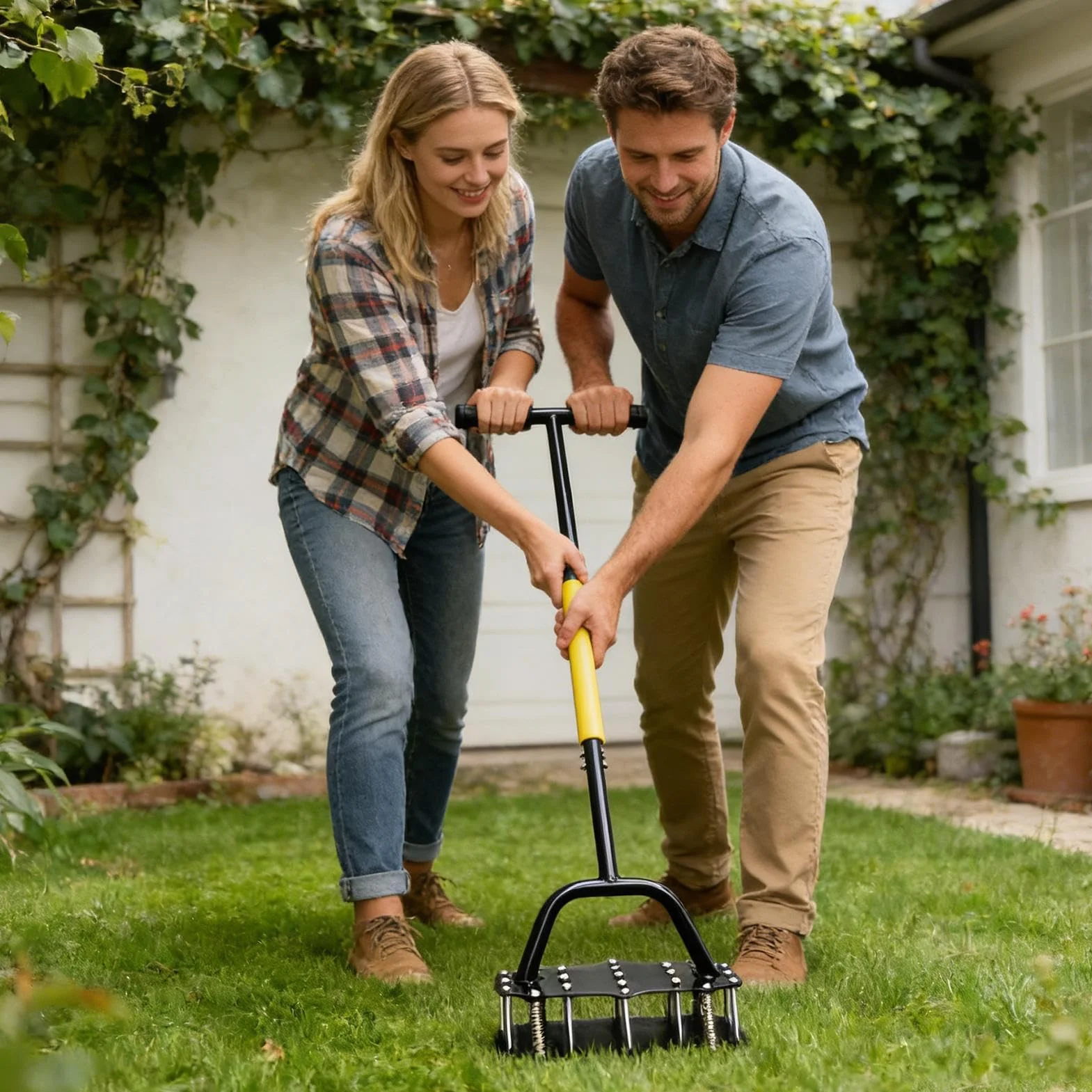 Aireador de césped Aireador Manual / Esponjador | Diseño con resorte, aireador para césped con 17 púas de acero para Mantenimiento de Jardín y Césped