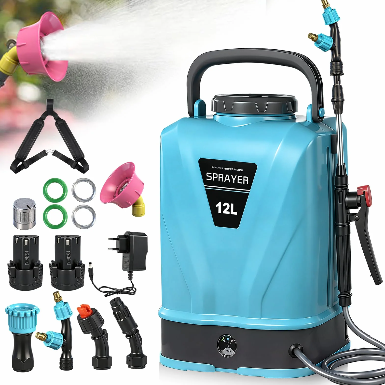 Viugreum 12L Pulverizador de Mochila a Batería, 12V Pulverizador Eléctrico de Jardín con 5 Boquillas de Nebulización, Lanza Telescópica y Correa Ajustable para Riego, Irrigación y Mantenimiento