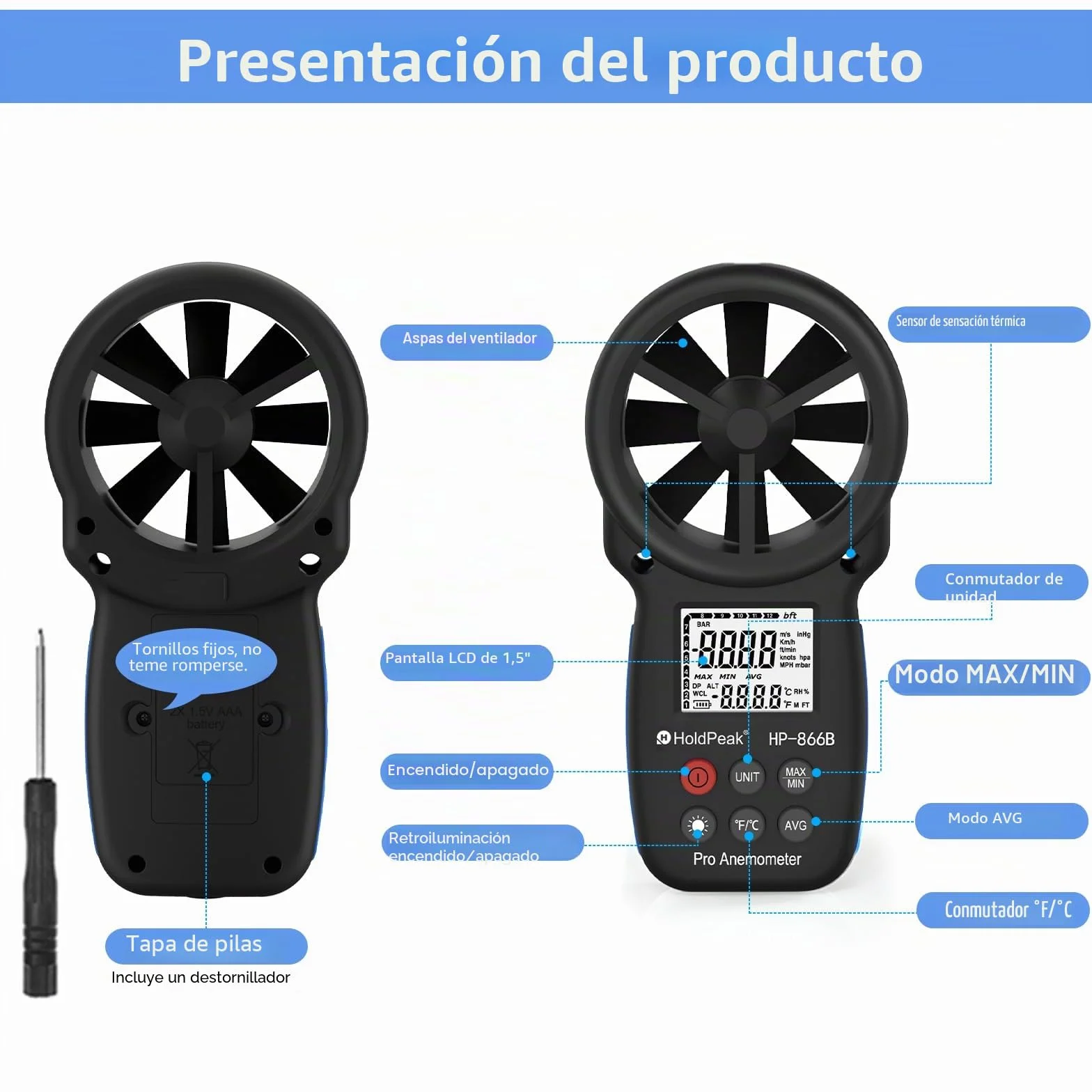 HoldPeak Anemómetro Digital HP-866B de Mano Medición Velocidad Viento Temperatura LCD