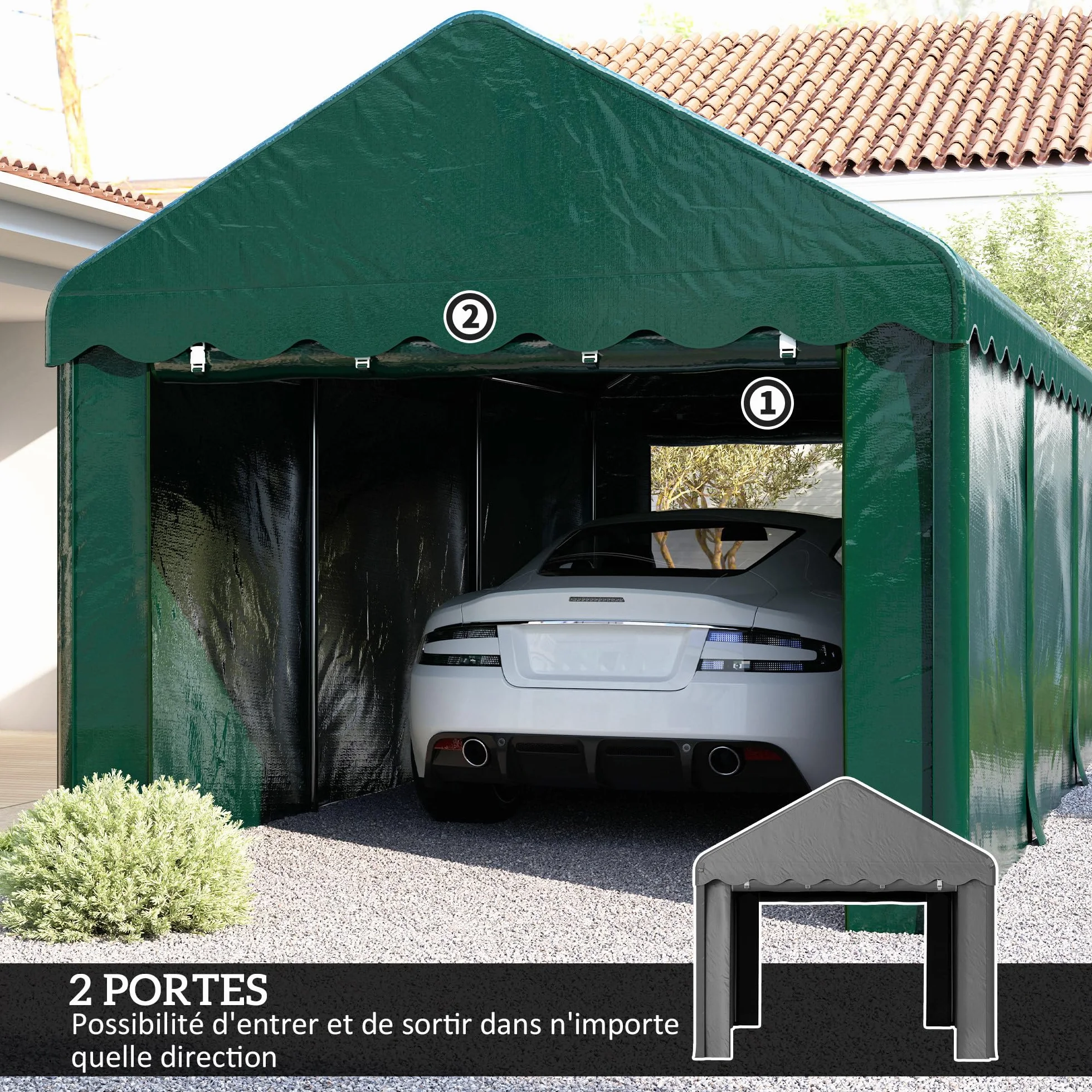 Outsunny Carpa Garaje 3x6 m Cubierta Coche Exterior 2 Puertas Rollables Tela PE 200 g Protección UV Impermeable