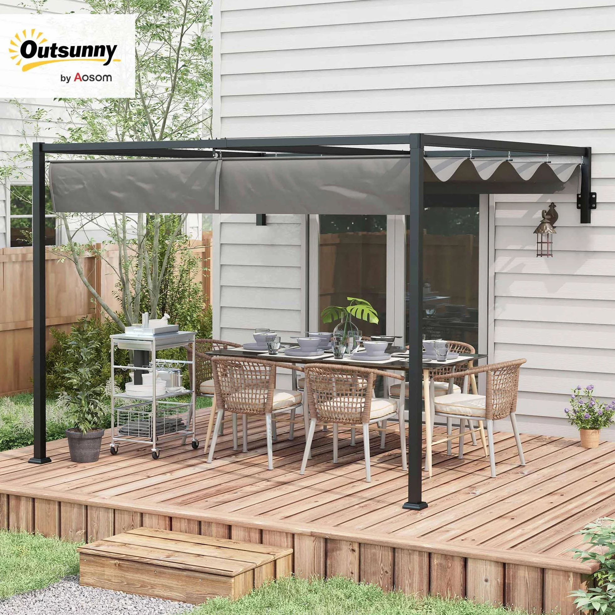Outsunny Pérgola con Techo Retráctil Pérgola de Pared 3x2 m Cenador con Tela de Poliéster Resistente al Agua Pabellón para Jardín Patio Terraza Exterior Gris Oscuro